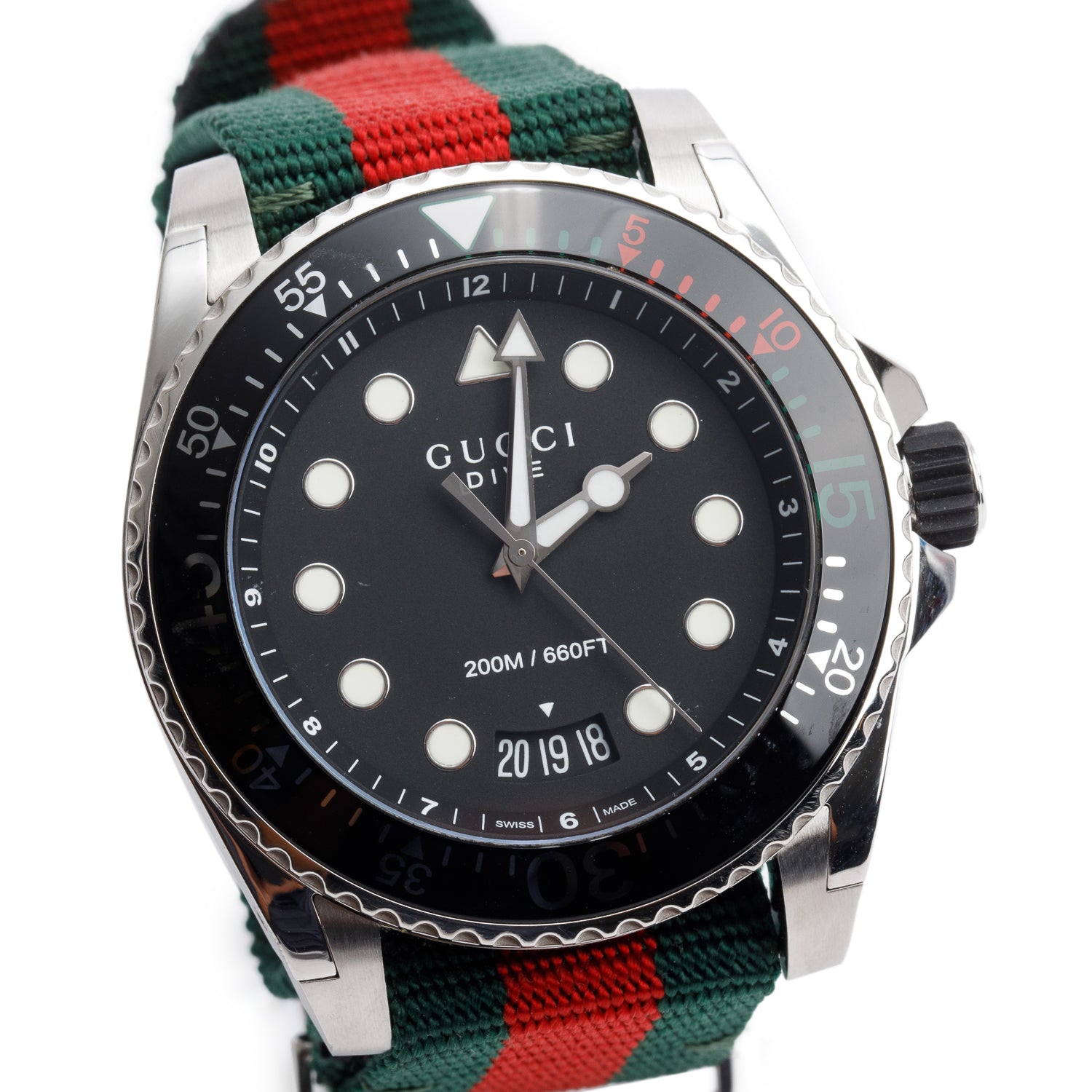 Gucci Stainless Steel Dive 45 MM Quartz Watch Green & Red Web Nylon Band w/ Box & Papers YA136209