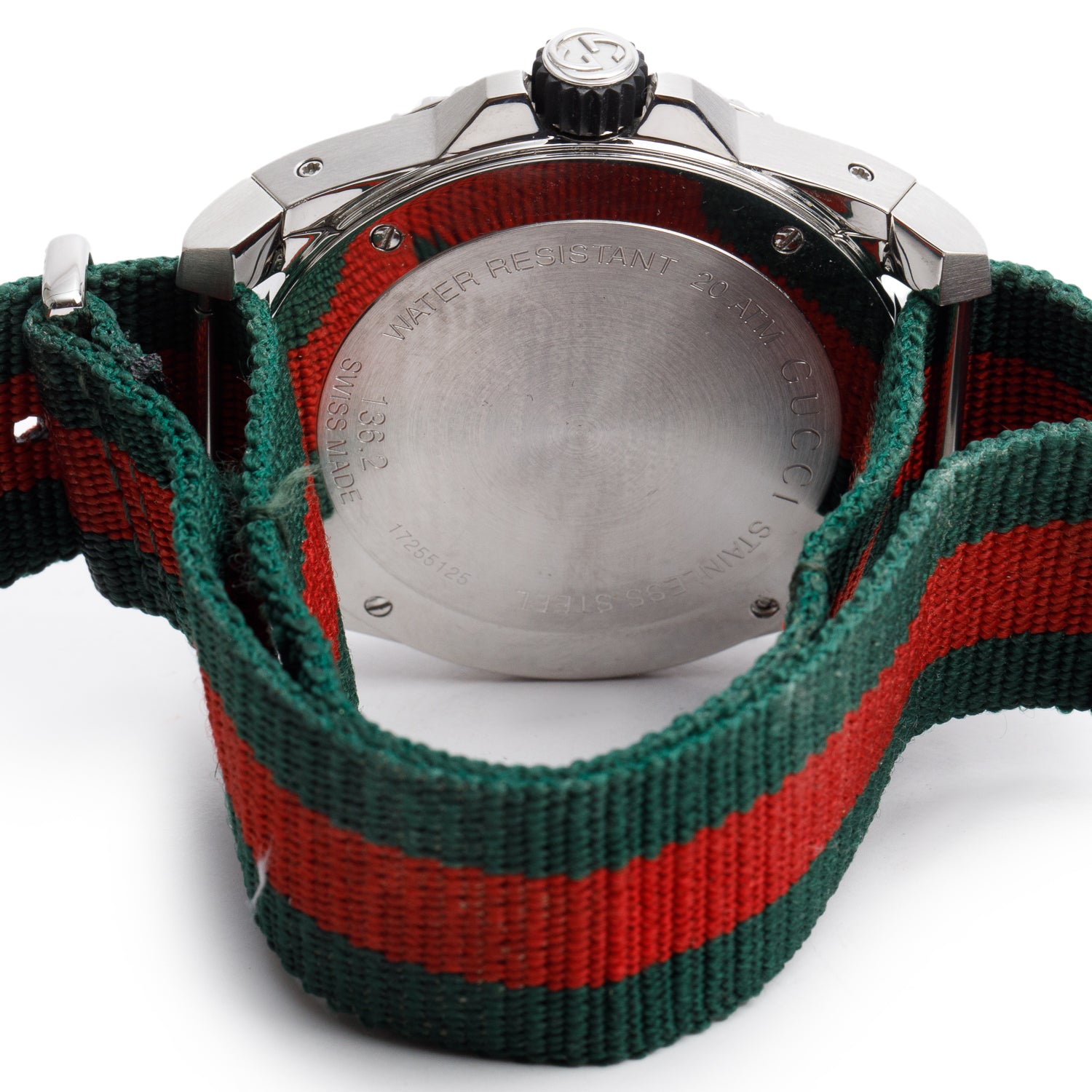 Gucci Stainless Steel Dive 45 MM Quartz Watch Green & Red Web Nylon Band w/ Box & Papers YA136209