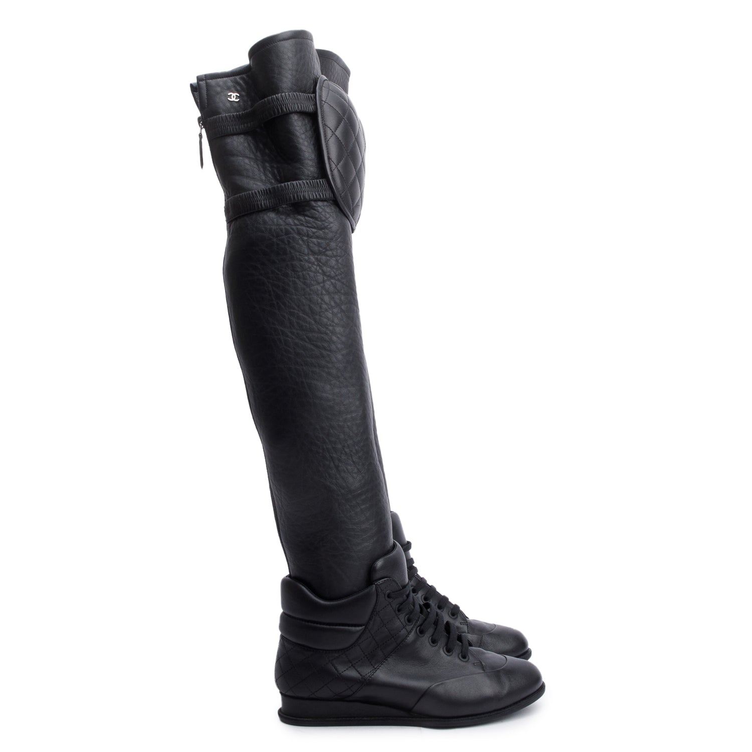 Chanel Black Leather Quilted CC Logo Knee High Sneaker Boots, Size 37 w/ Box