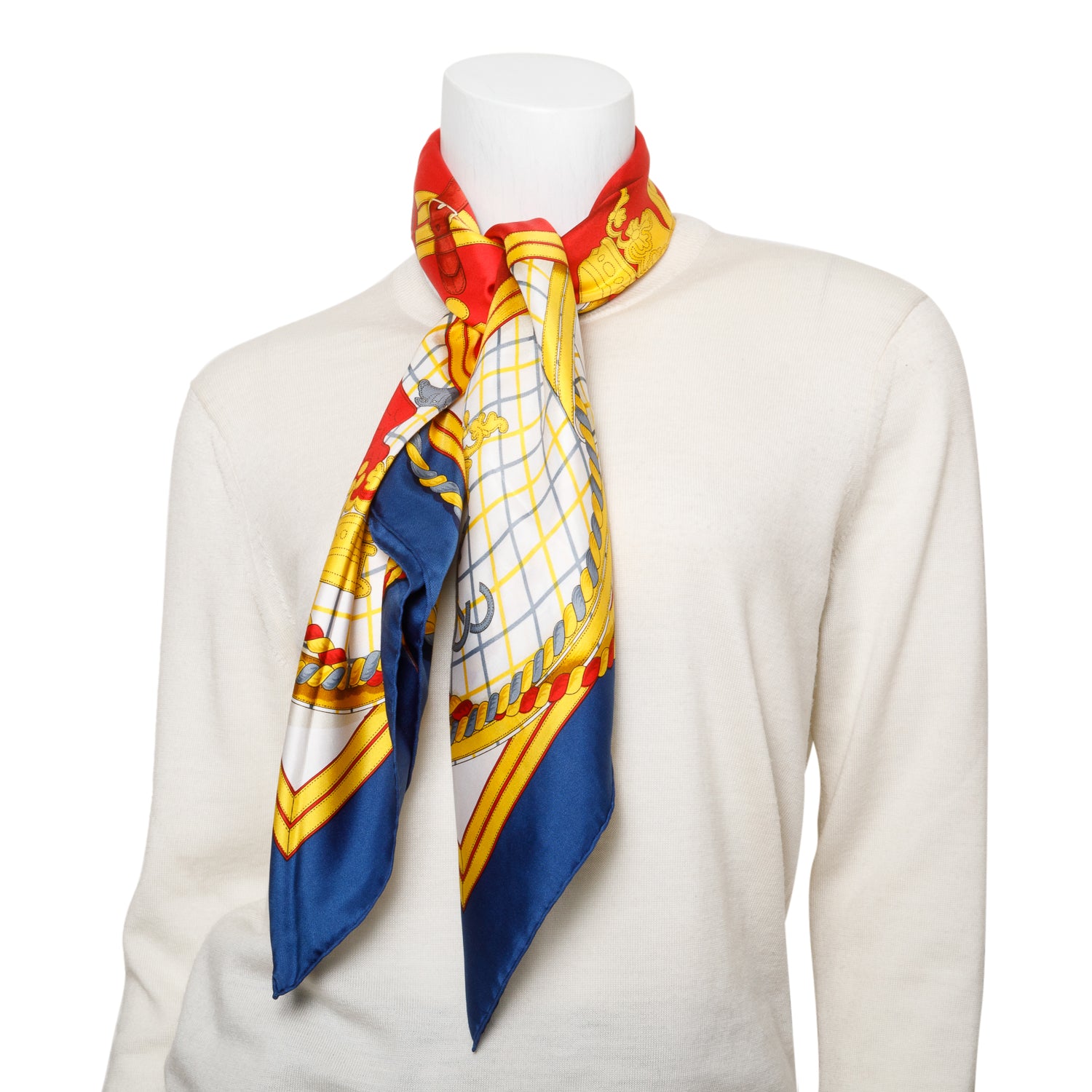 Hermes Blue/Yellow/Red 'Grande Tenue' Silk Scarf 90