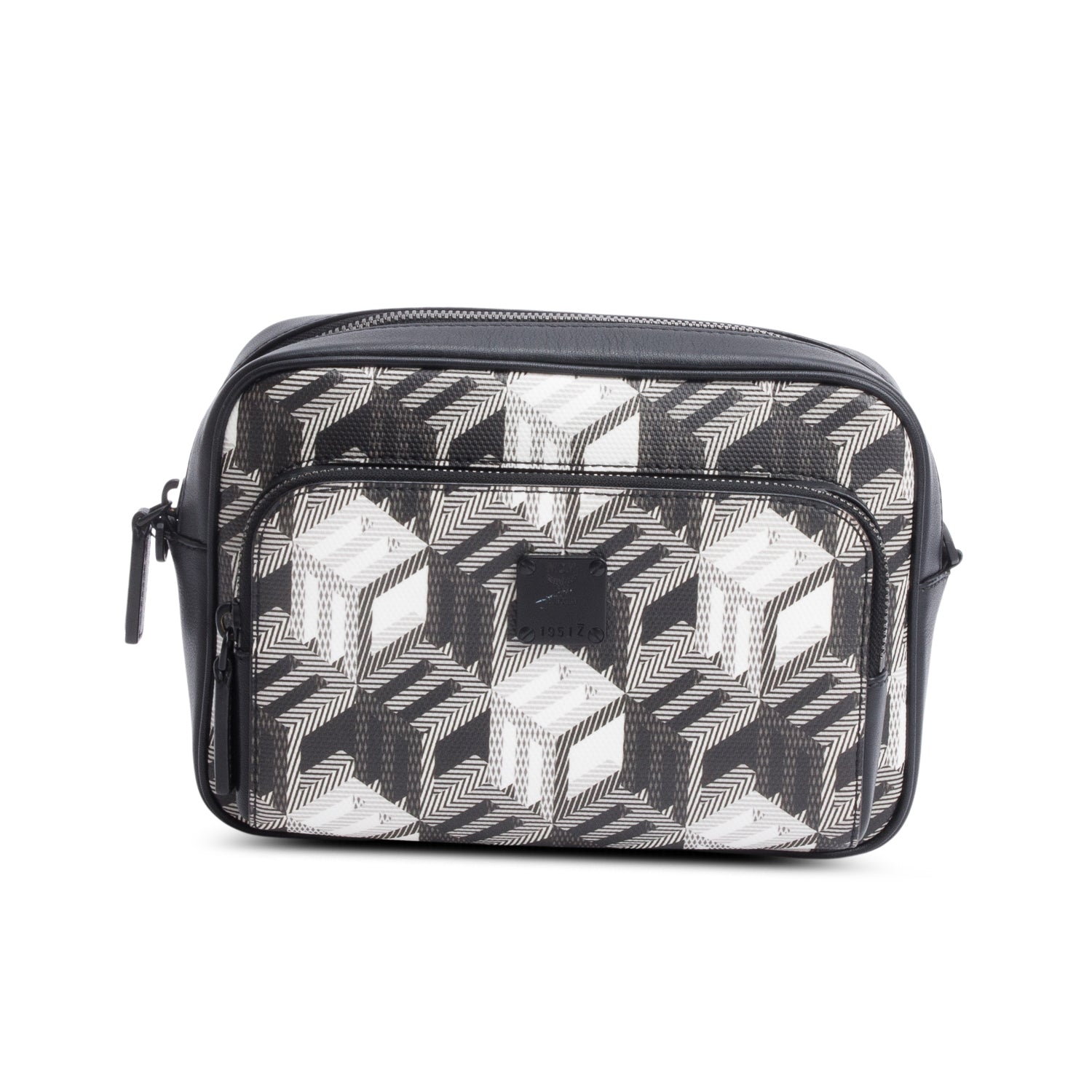 MCM Black/White Cubic Canvas Black Leather Trim Aren Crossbody Bag