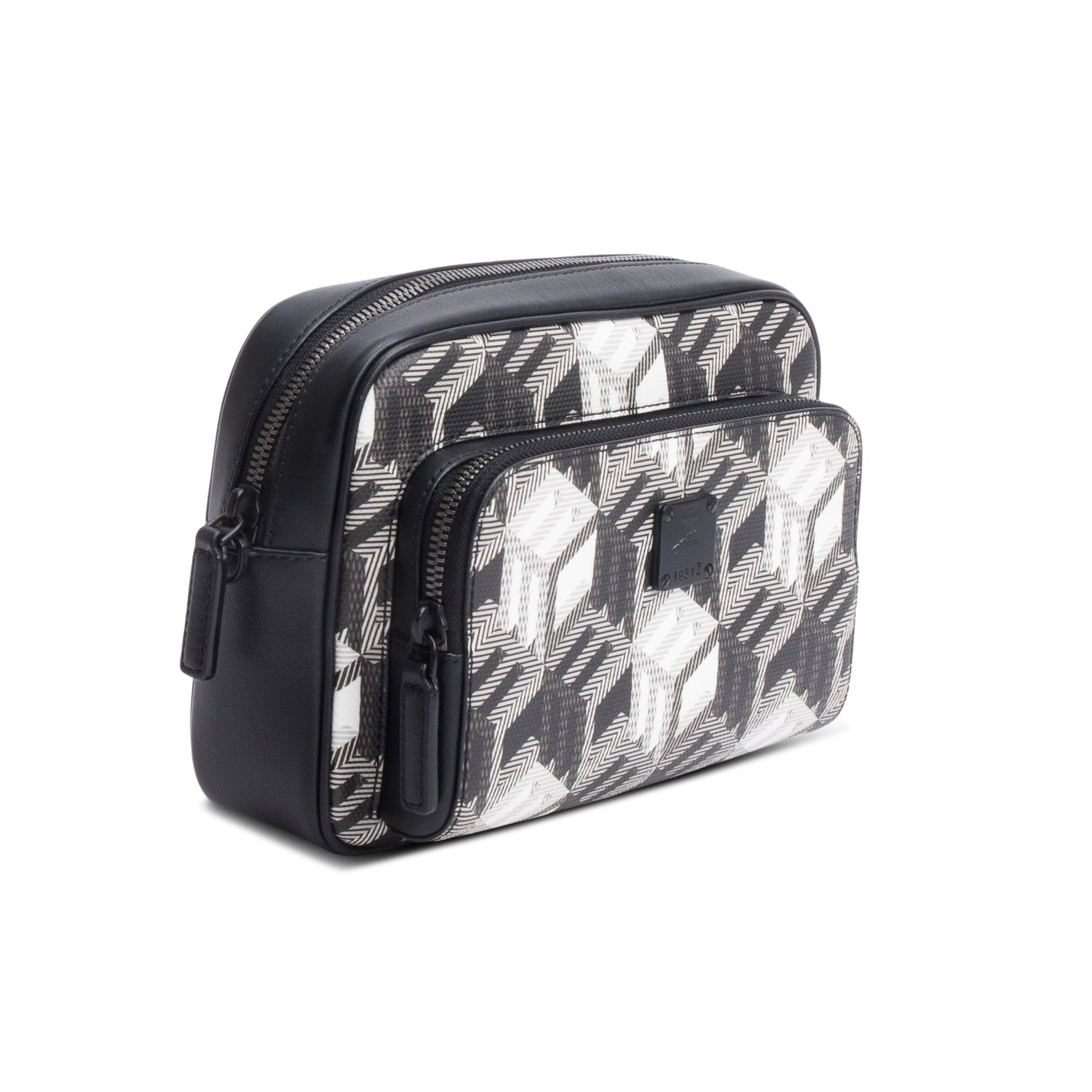 MCM Black/White Cubic Canvas Black Leather Trim Aren Crossbody Bag