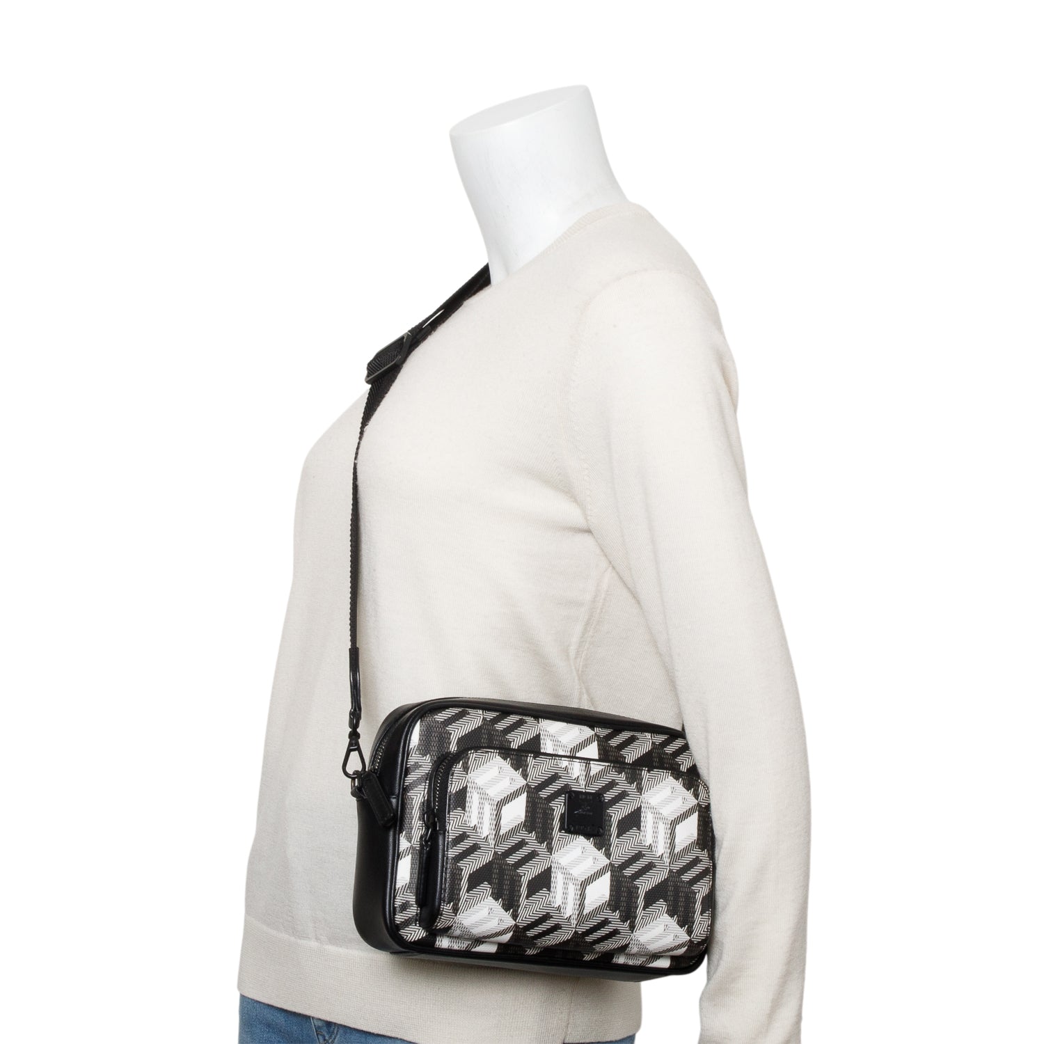 MCM Black/White Cubic Canvas Black Leather Trim Aren Crossbody Bag