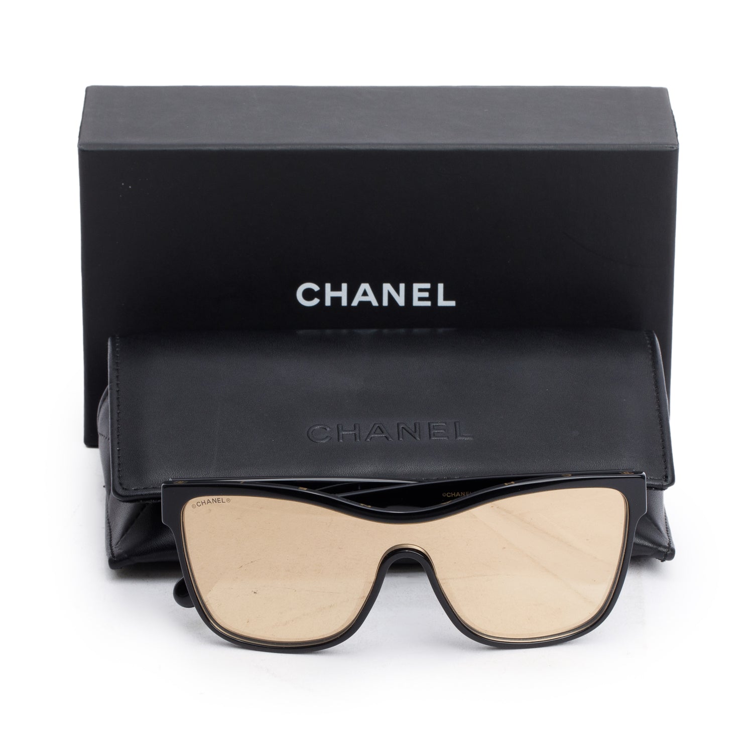 Chanel 5418-A Black Acetate CC Logo Shield Sunglasses w/ Box & Case