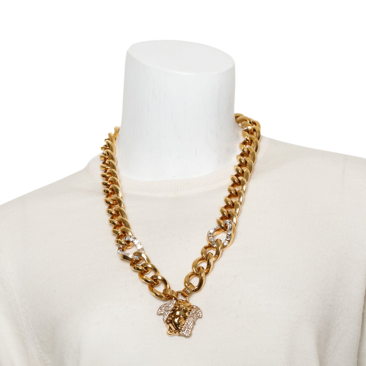 Versace Gold Plated Crystal Medusa Thick Chain Pendant Necklace w/ Box