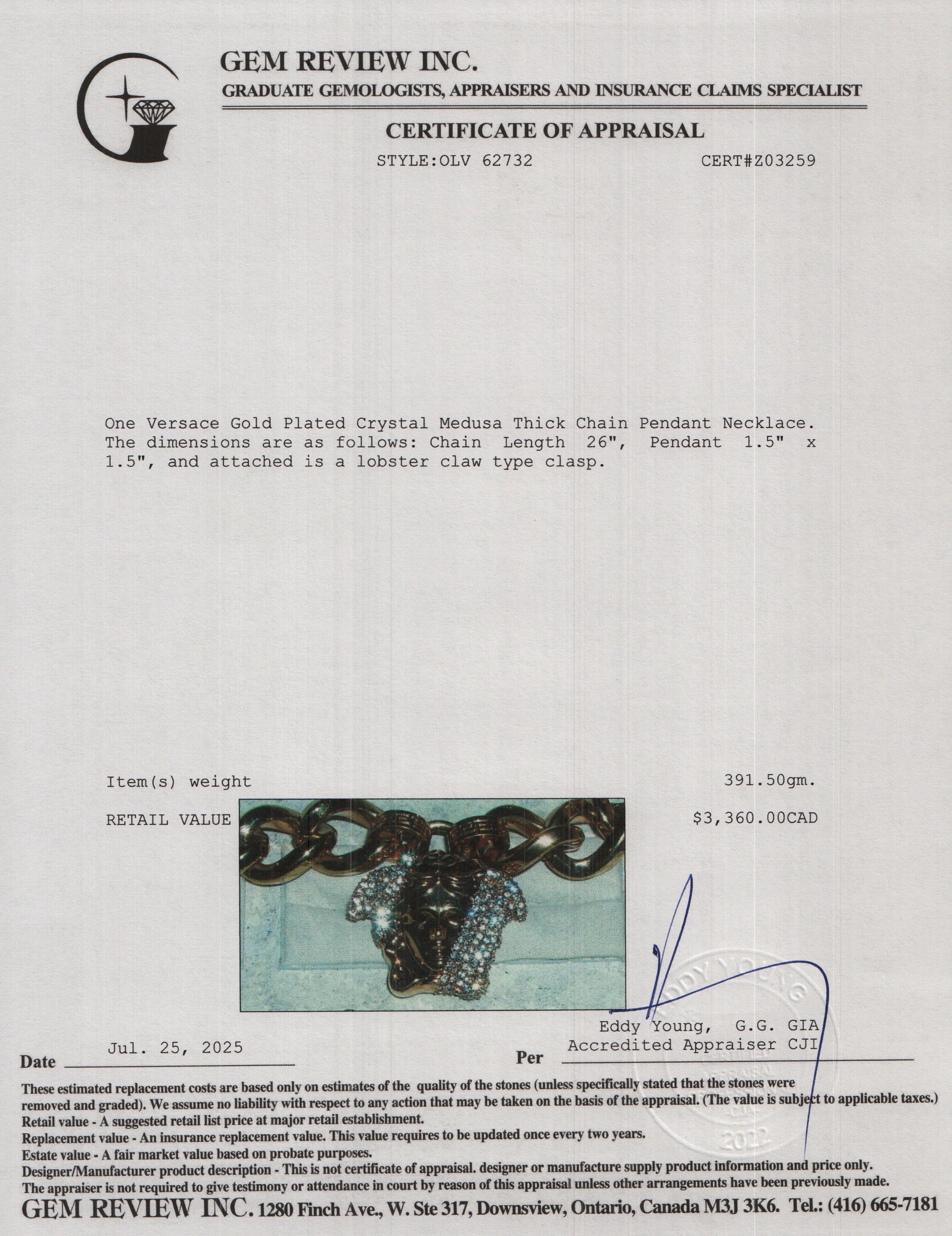Versace Gold Plated Crystal Medusa Thick Chain Pendant Necklace w/ Box