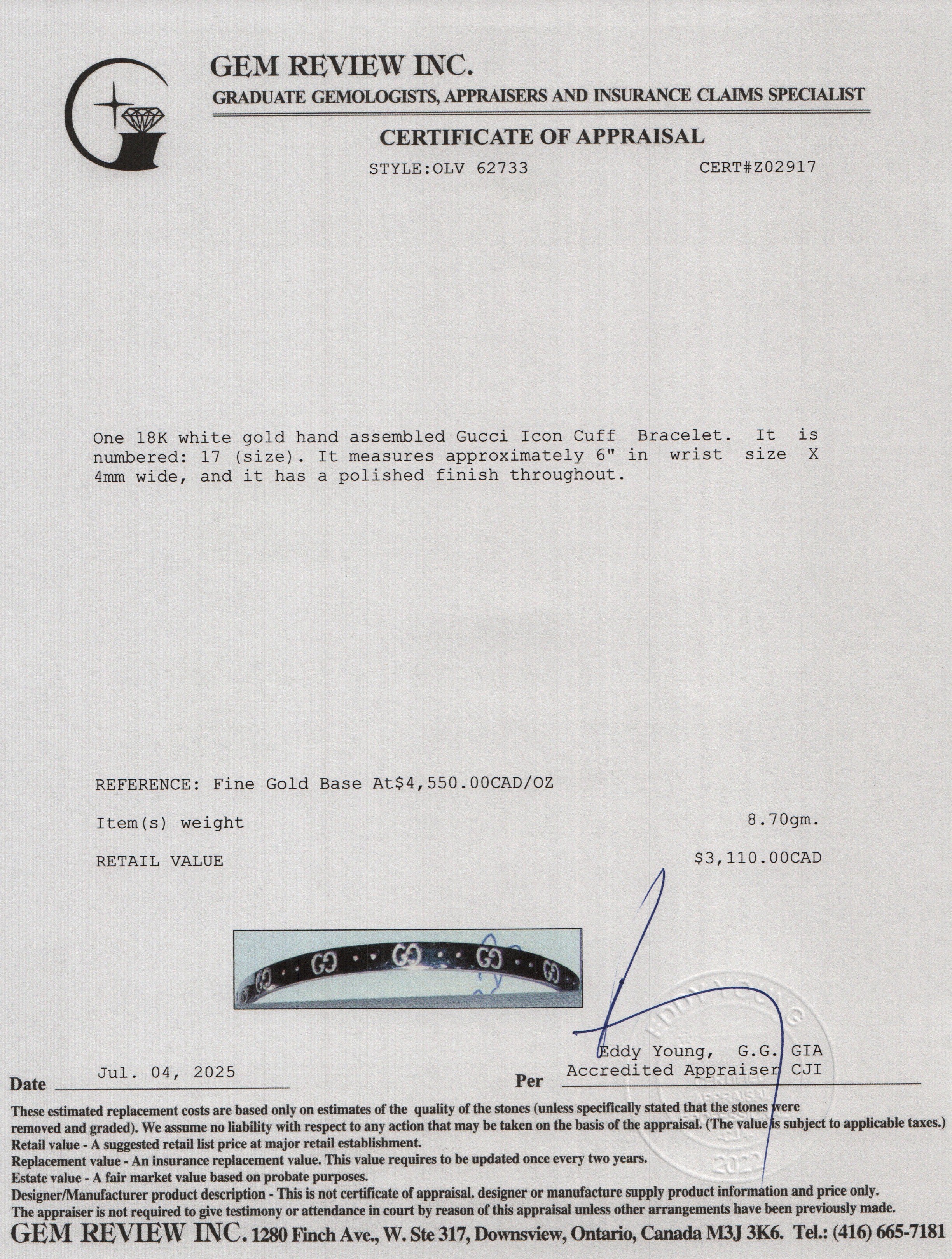 Gucci 2024 18k White Gold Icon Cuff Bracelet w/ Box & Receipt