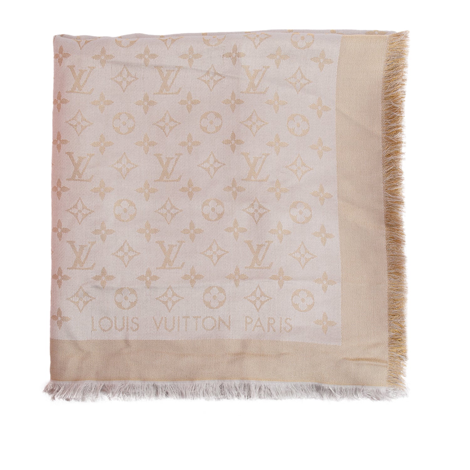 Louis Vuitton Silver/Gold Monogram Wool Shine Shawl Scarf w/ Box & Receipt