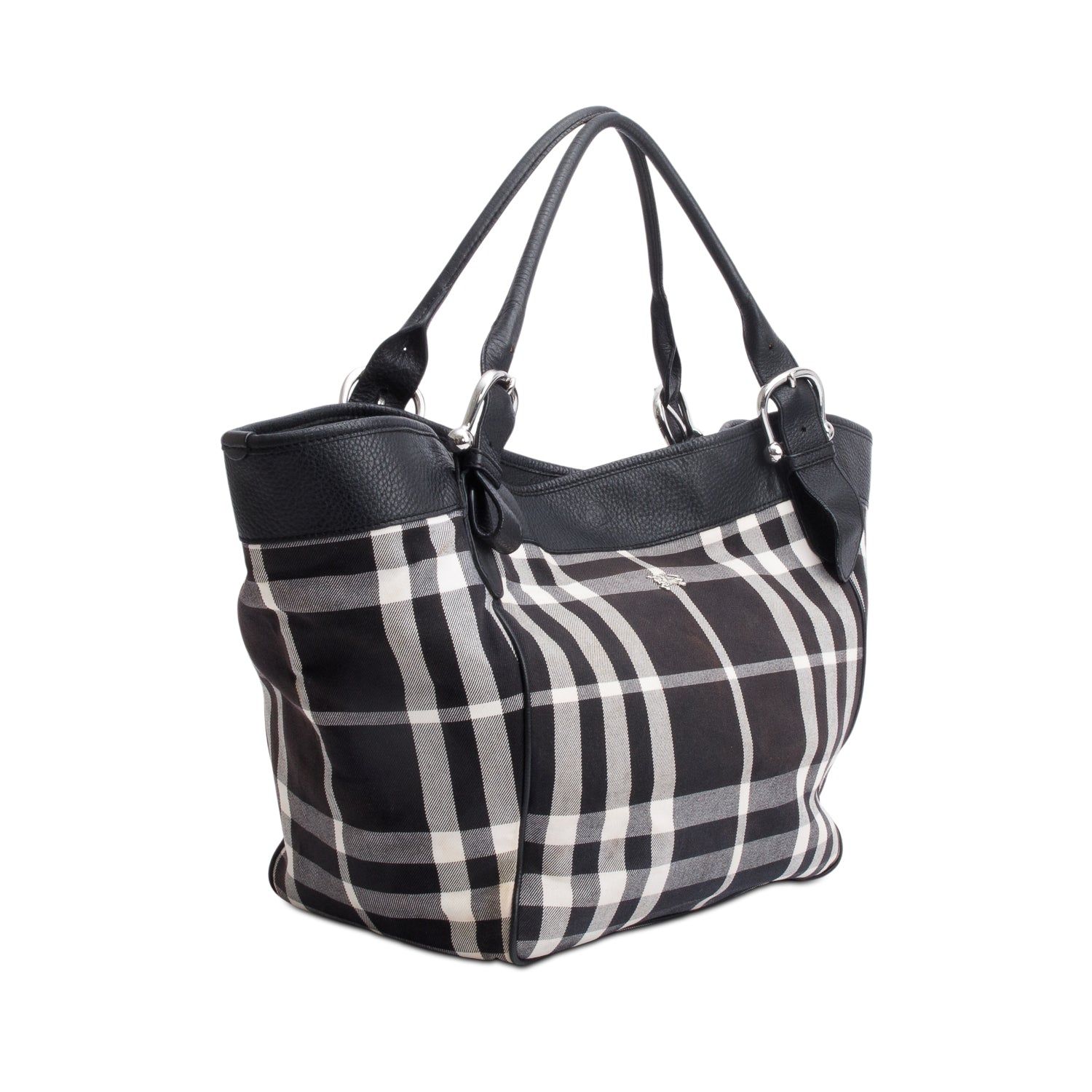 Burberry Black & White Beat Check Canvas Leather Trimmed Beach Tote Bag