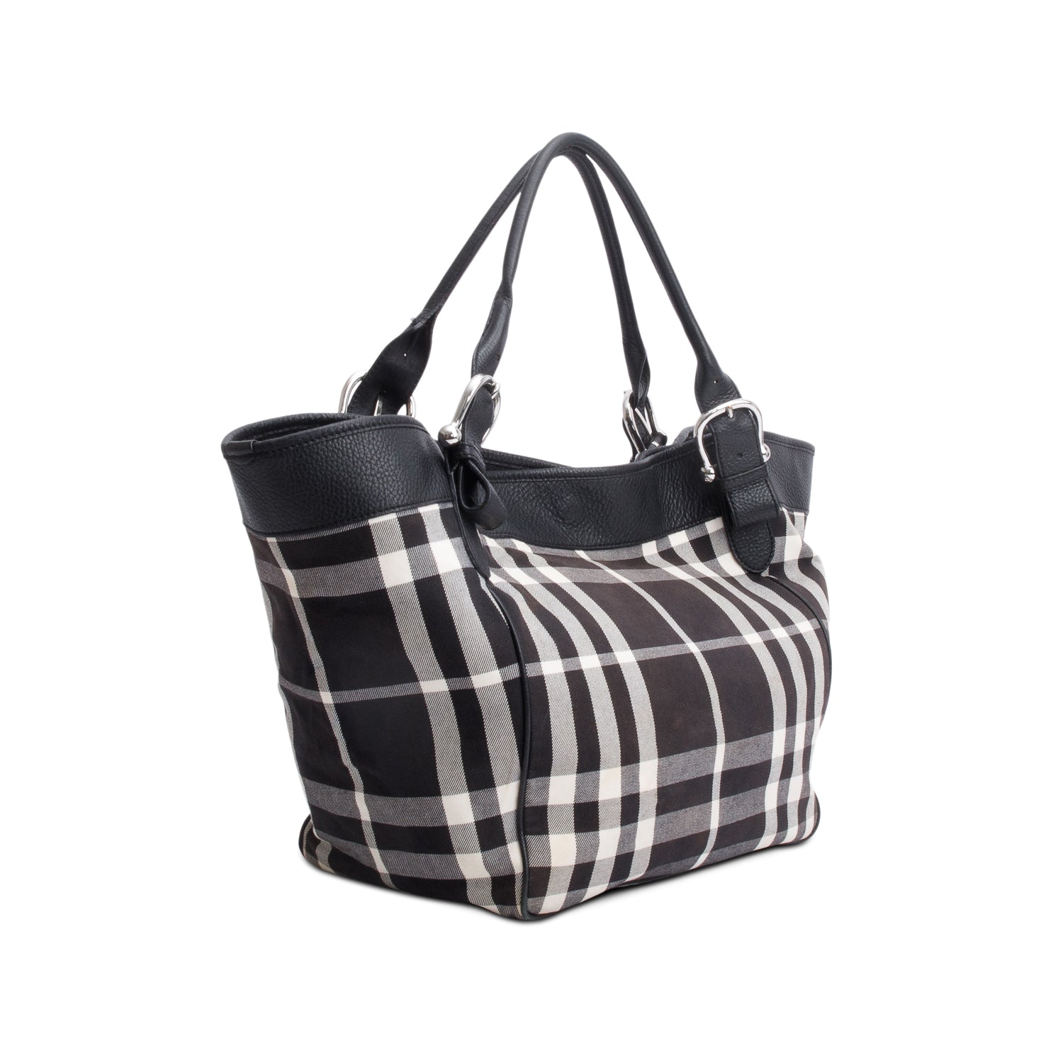 Burberry Black & White Beat Check Canvas Leather Trimmed Beach Tote Bag