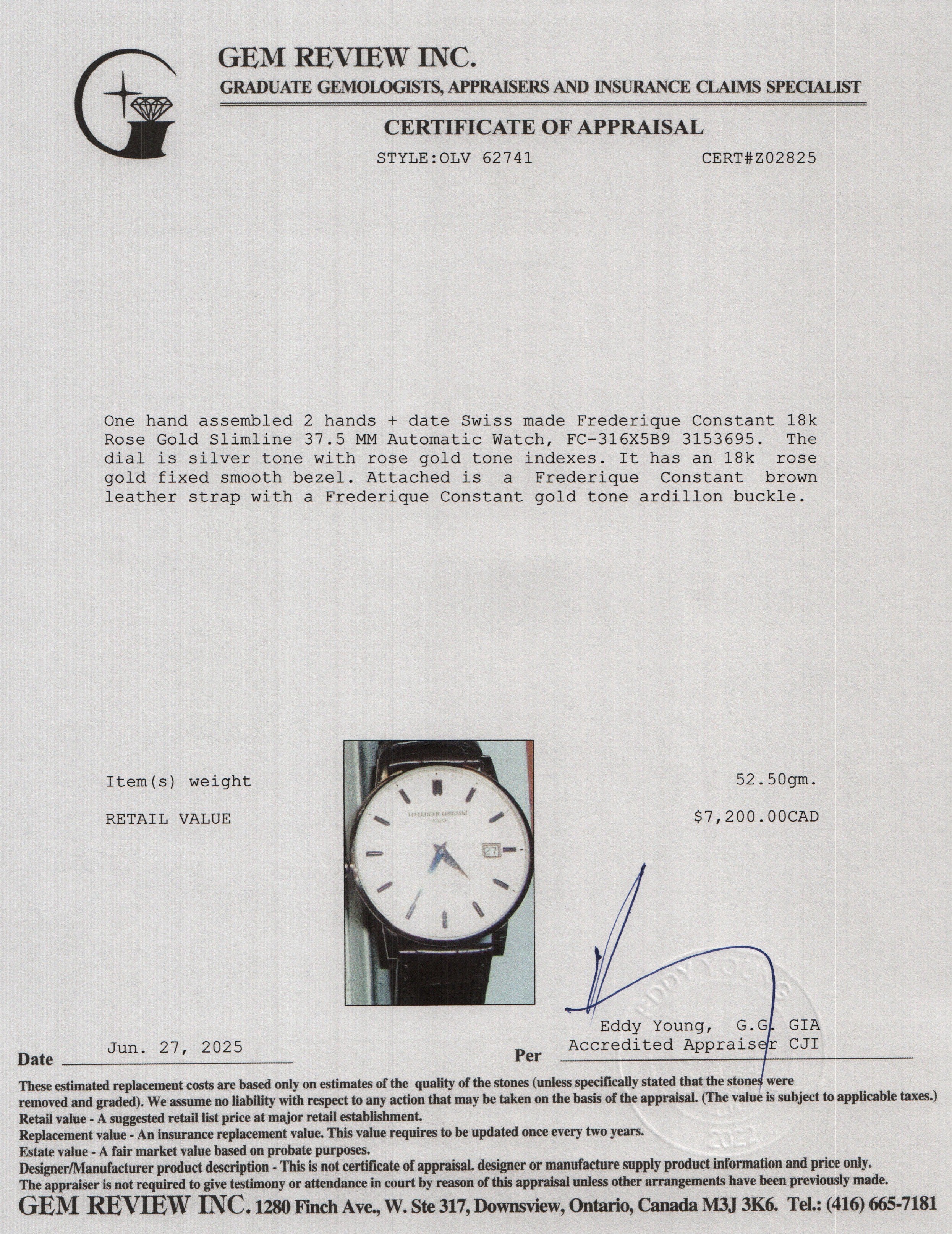 Frederique Constant 18k Rose Gold Slimline 37.5 MM Automatic Watch w/ Box