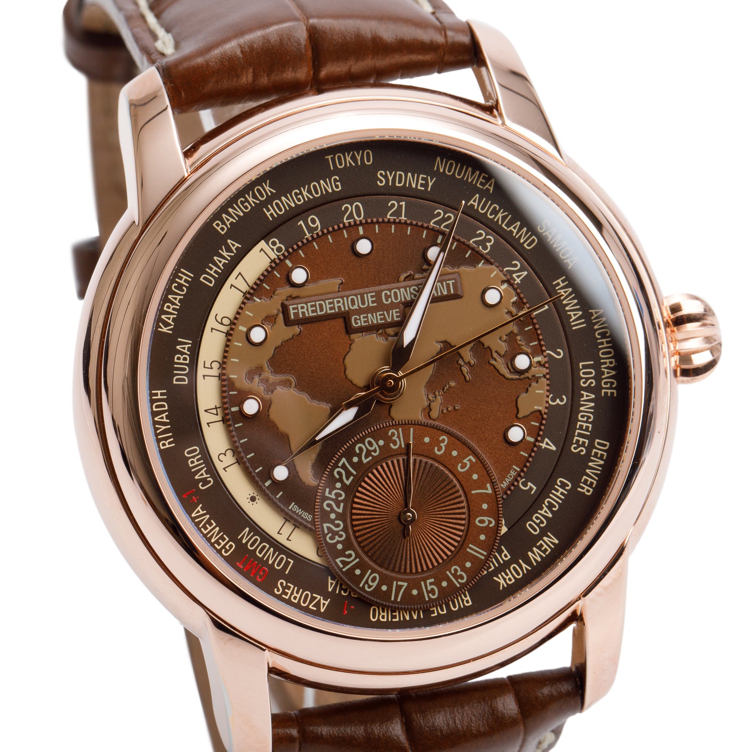Frederique Constant Rose Gold Plated Stainless Steel Classic Manufacture Worldtimer World Time 42 MM Automatic Watch