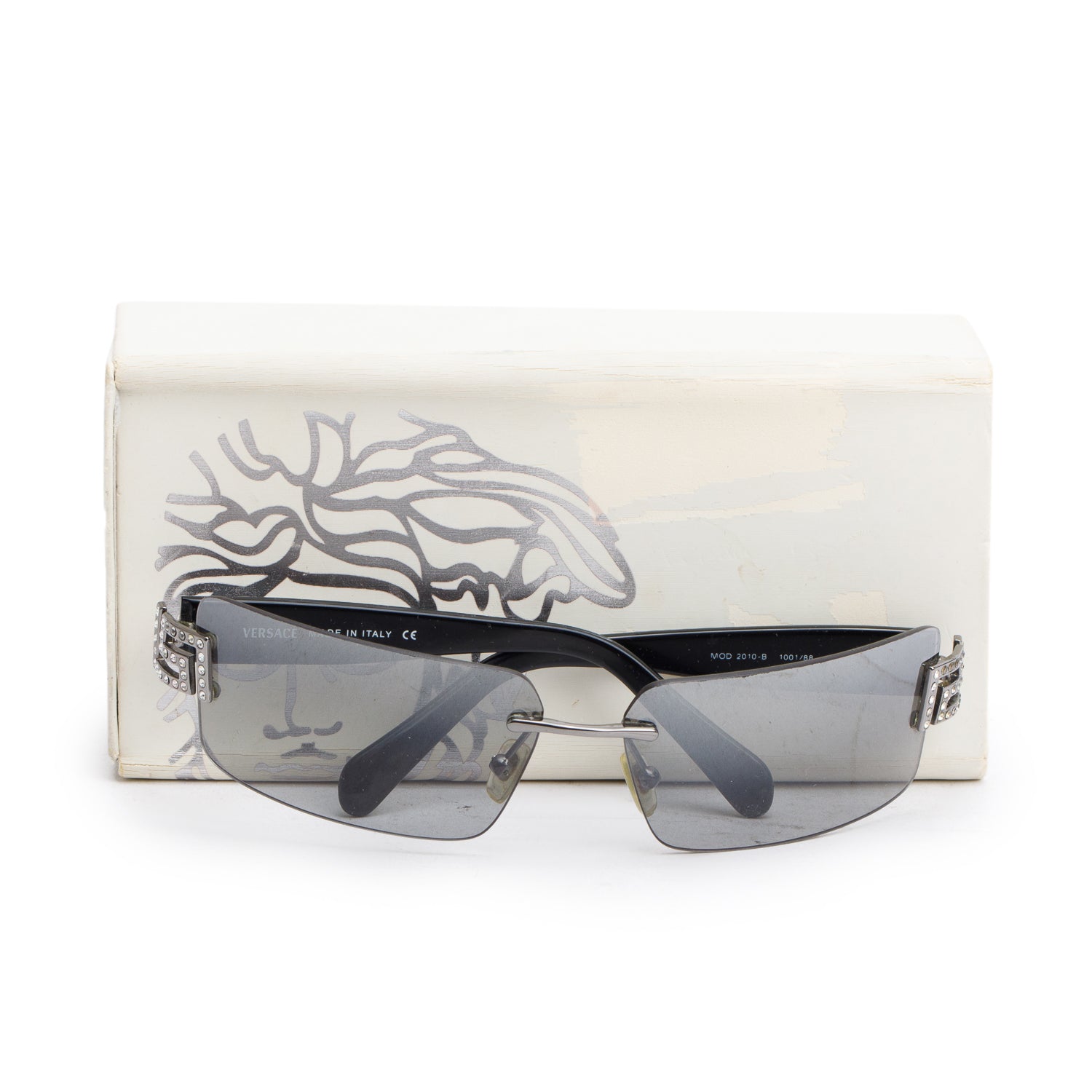 Versace 2010-B Black Acetate Crystal Greca Rimless Sunglasses w/ Case