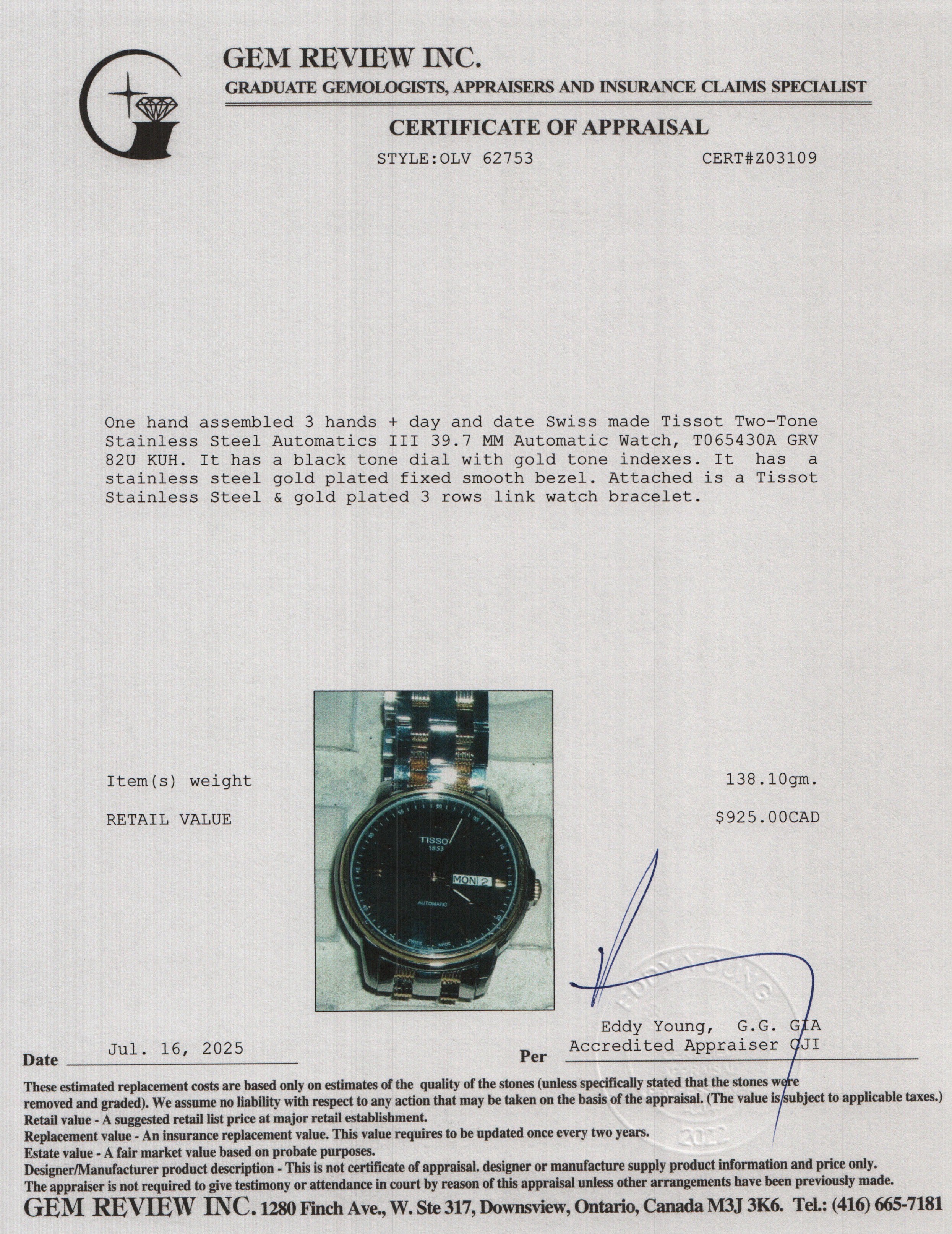 Tissot Two-Tone Stainless Steel Automatics III 39.7 MM Automatic Watch Black Dial w/ Box & Papers