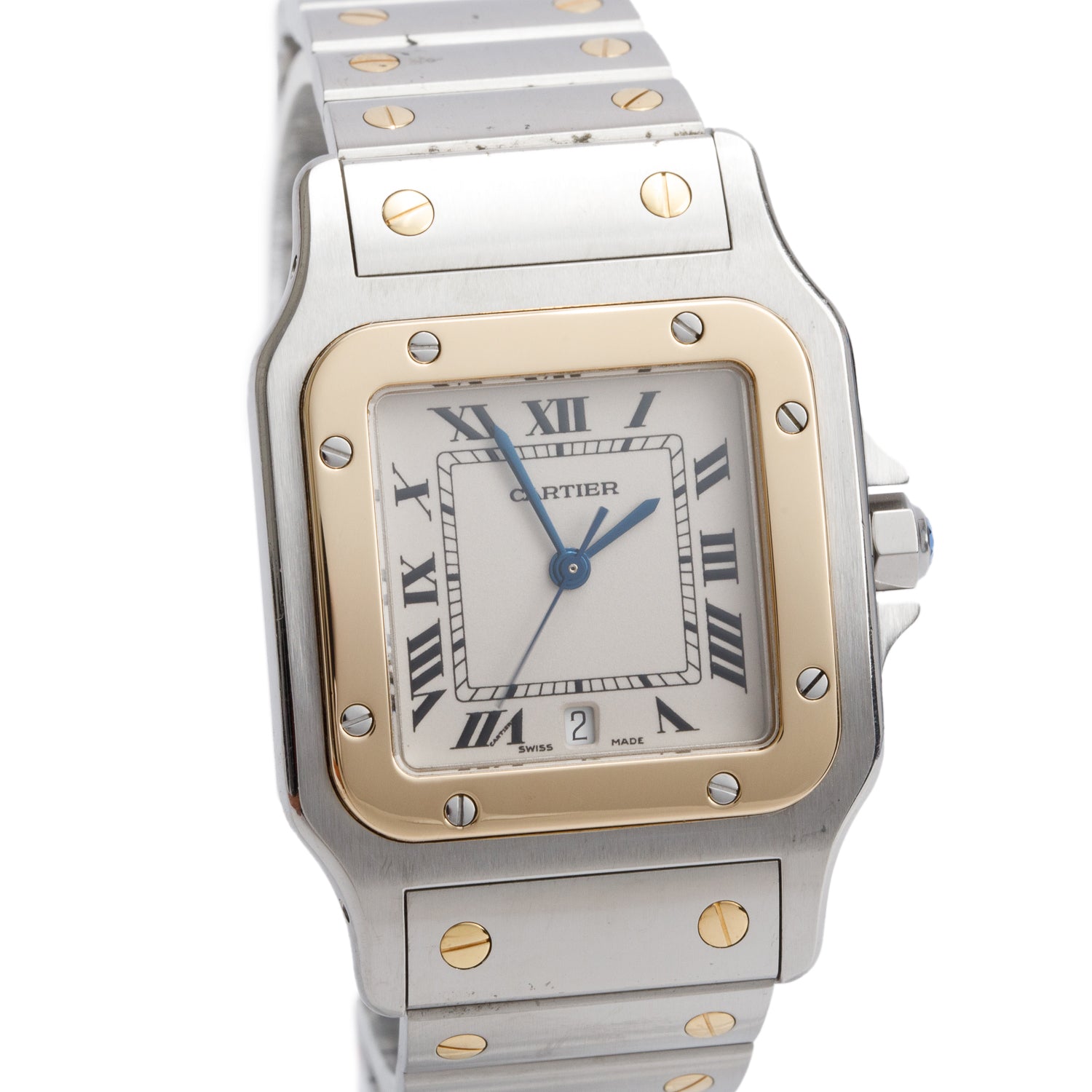 Cartier Stainless Steel & 18k Yellow Gold Santos De Cartier Galbee Quartz Watch, Medium Model 1566 w/ Box & Papers