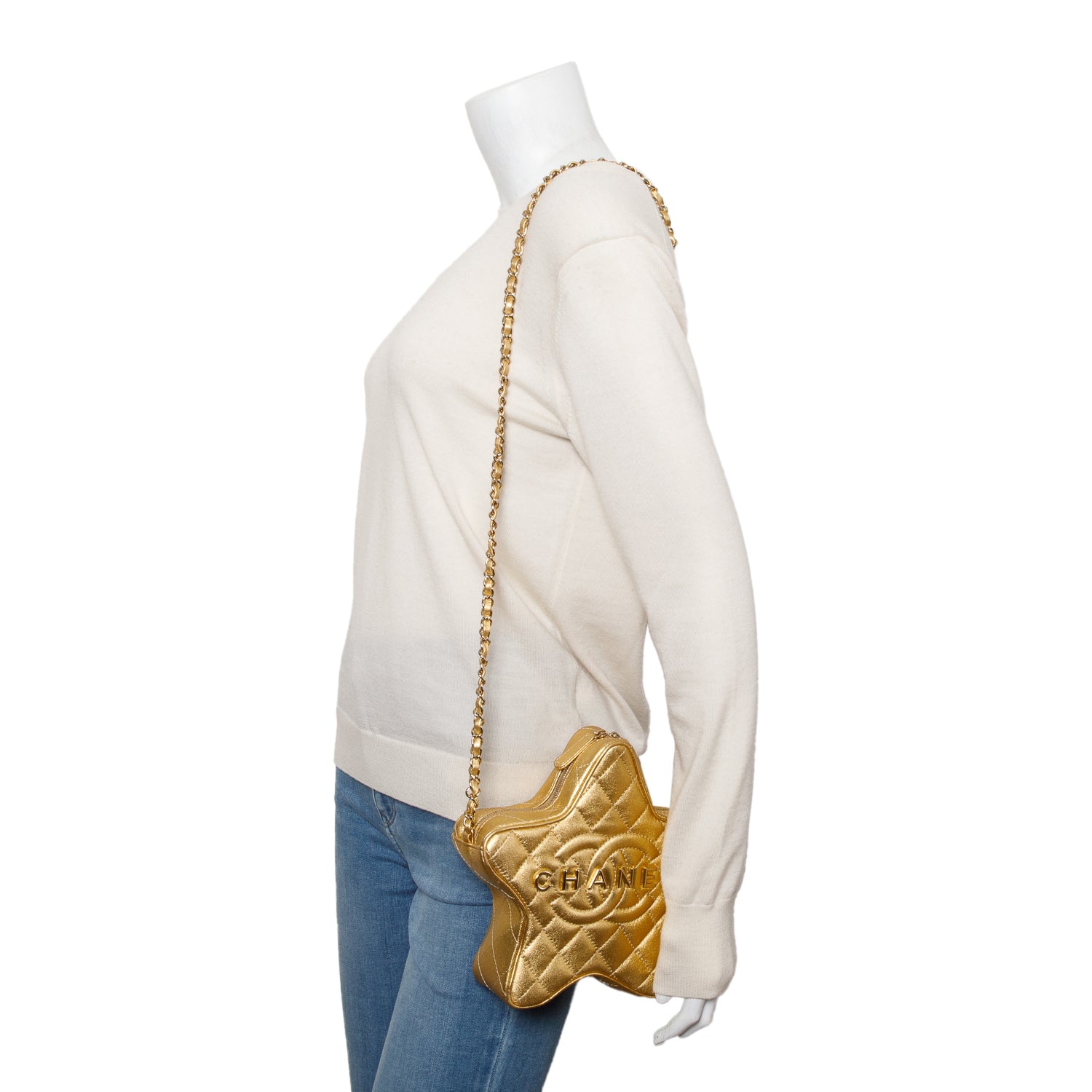 Chanel 2024 Metallic Gold Leather Walk Of Fame Star Crossbody Bag w/ Box