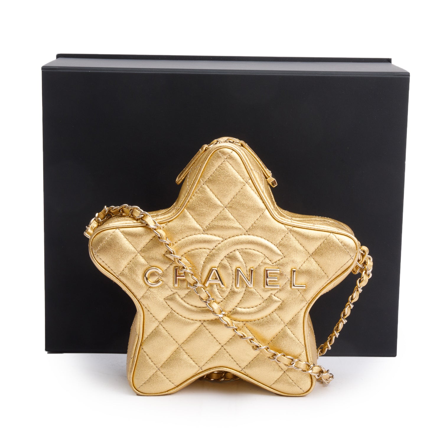 Chanel 2024 Metallic Gold Leather Walk Of Fame Star Crossbody Bag w/ Box