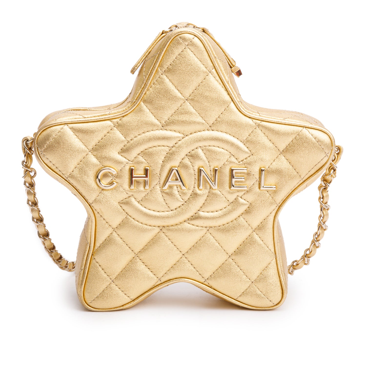Chanel 2024 Metallic Gold Leather Walk Of Fame Star Crossbody Bag w/ Box