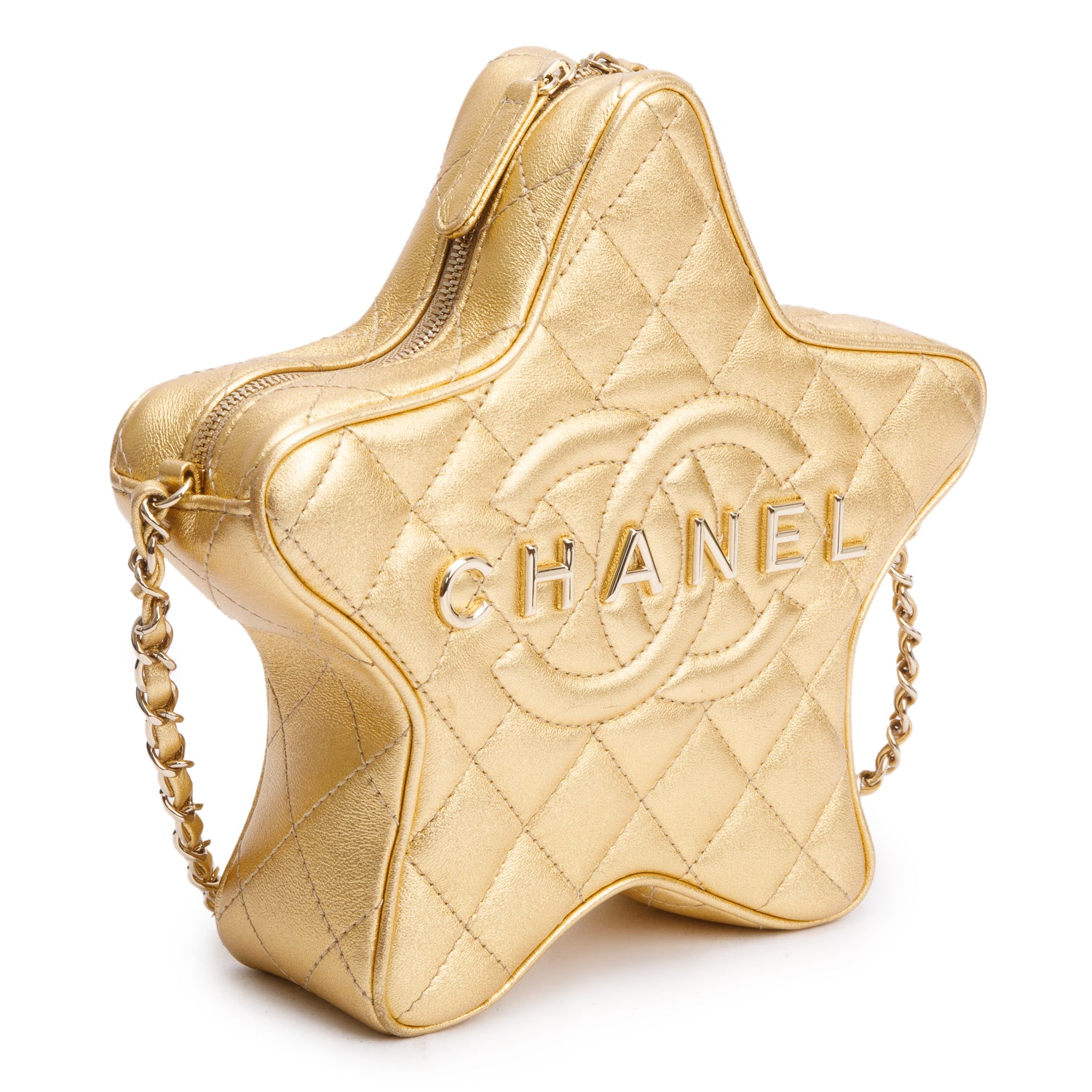 Chanel 2024 Metallic Gold Leather Walk Of Fame Star Crossbody Bag w/ Box