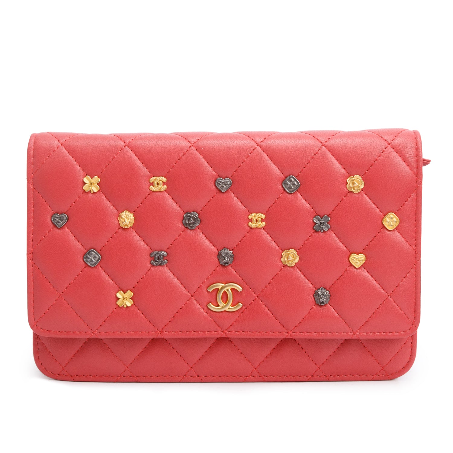 Chanel Pink Quilted Lambskin Leather 18k Lucky Charms Wallet on Chain w/ Box