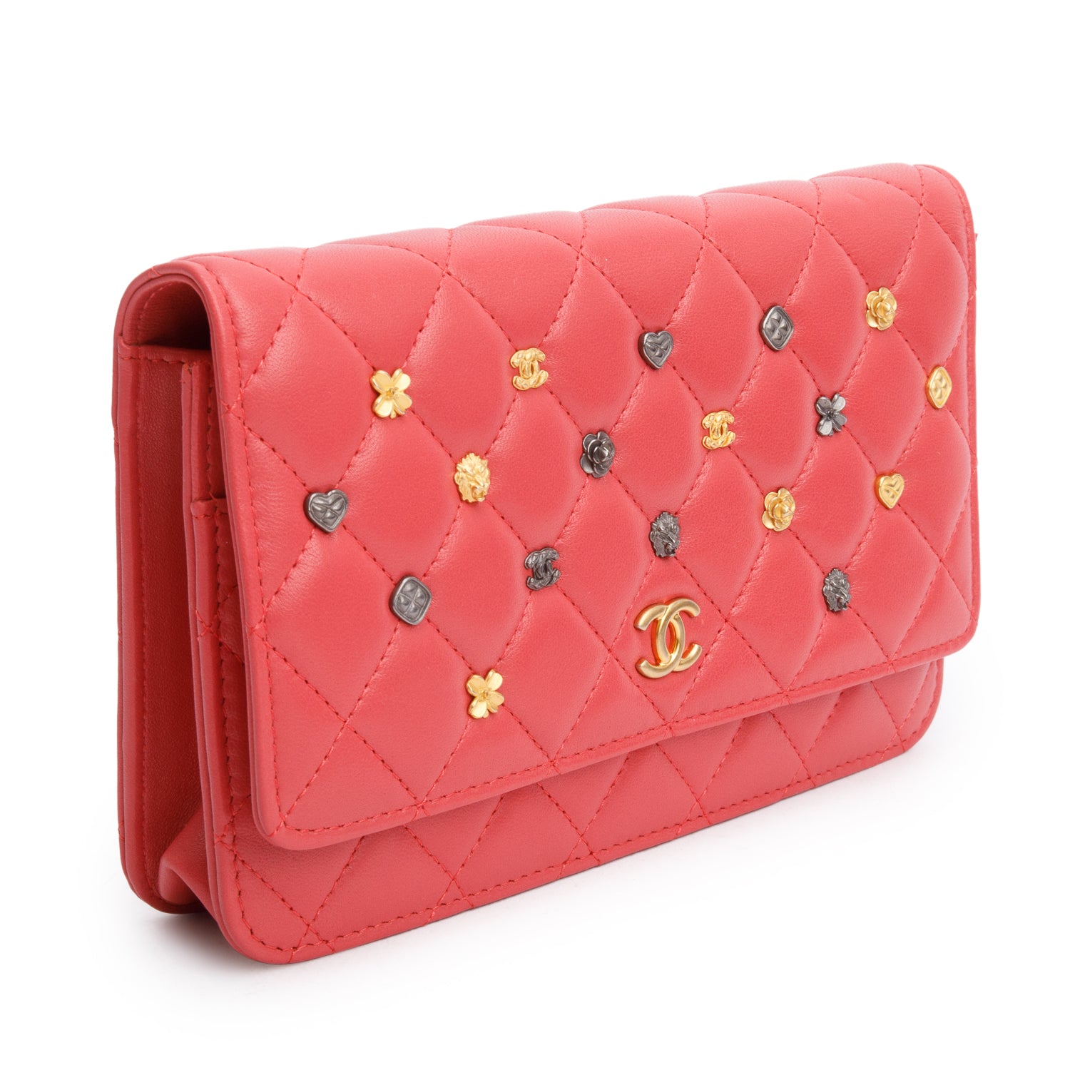 Chanel Pink Quilted Lambskin Leather 18k Lucky Charms Wallet on Chain w/ Box