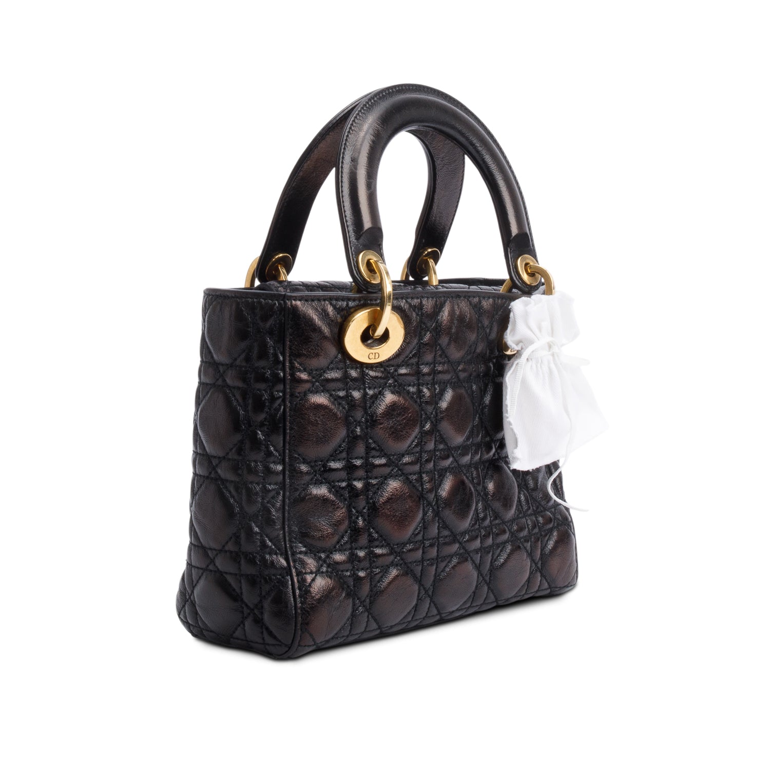 Christian Dior Black Cannage Crinkled Patent Leather Small Lucky Badges Lady Dior Bag w/ Strap, Box & Authenticity Card
