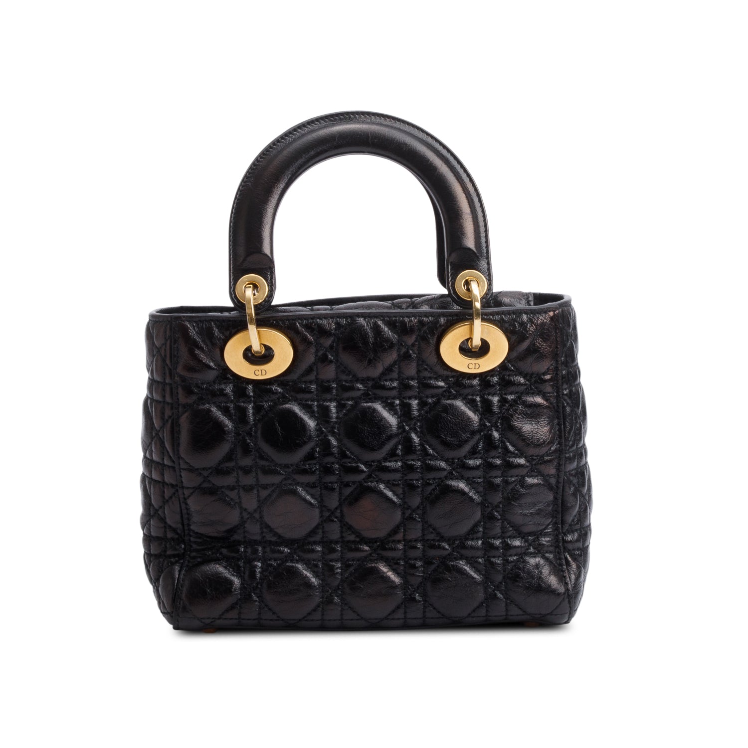 Christian Dior Black Cannage Crinkled Patent Leather Small Lucky Badges Lady Dior Bag w/ Strap, Box & Authenticity Card