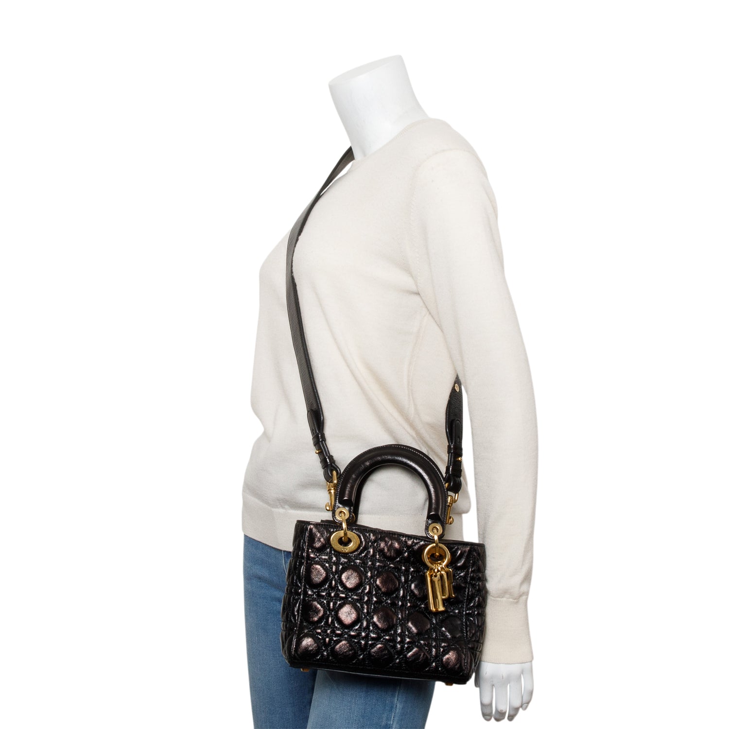 Christian Dior Black Cannage Crinkled Patent Leather Small Lucky Badges Lady Dior Bag w/ Strap, Box & Authenticity Card