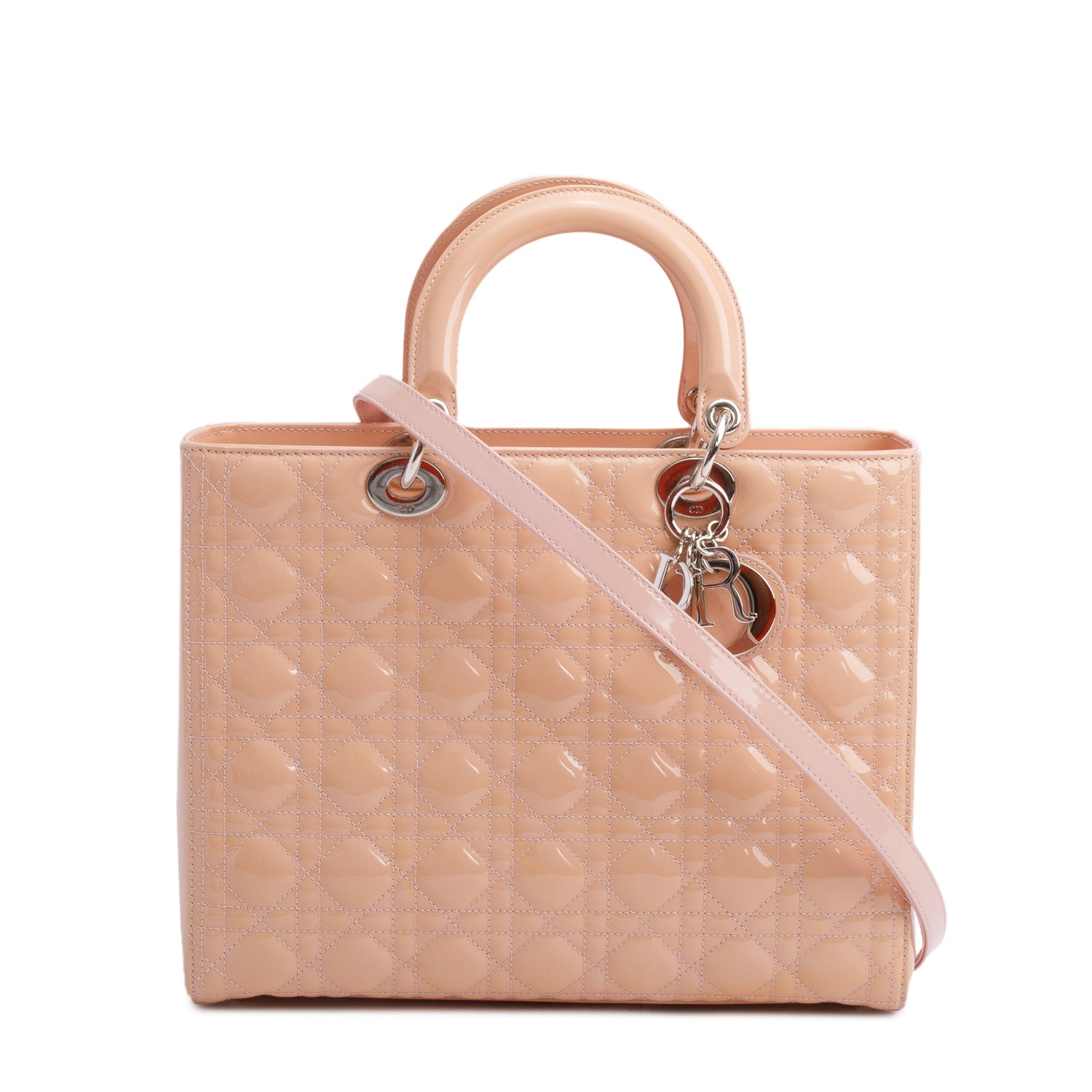 Christian Dior Beige Cannage Patent Leather Large Lady Dior Bag w/ Strap, Box & Authenticity Card