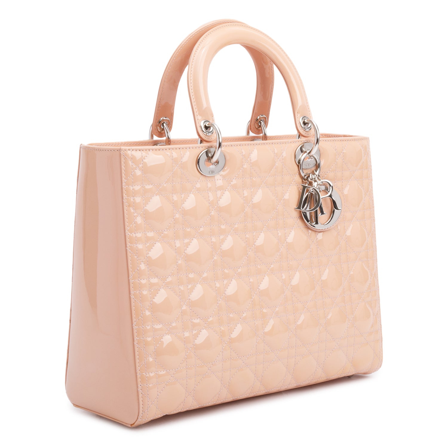 Christian Dior Beige Cannage Patent Leather Large Lady Dior Bag w/ Strap, Box & Authenticity Card