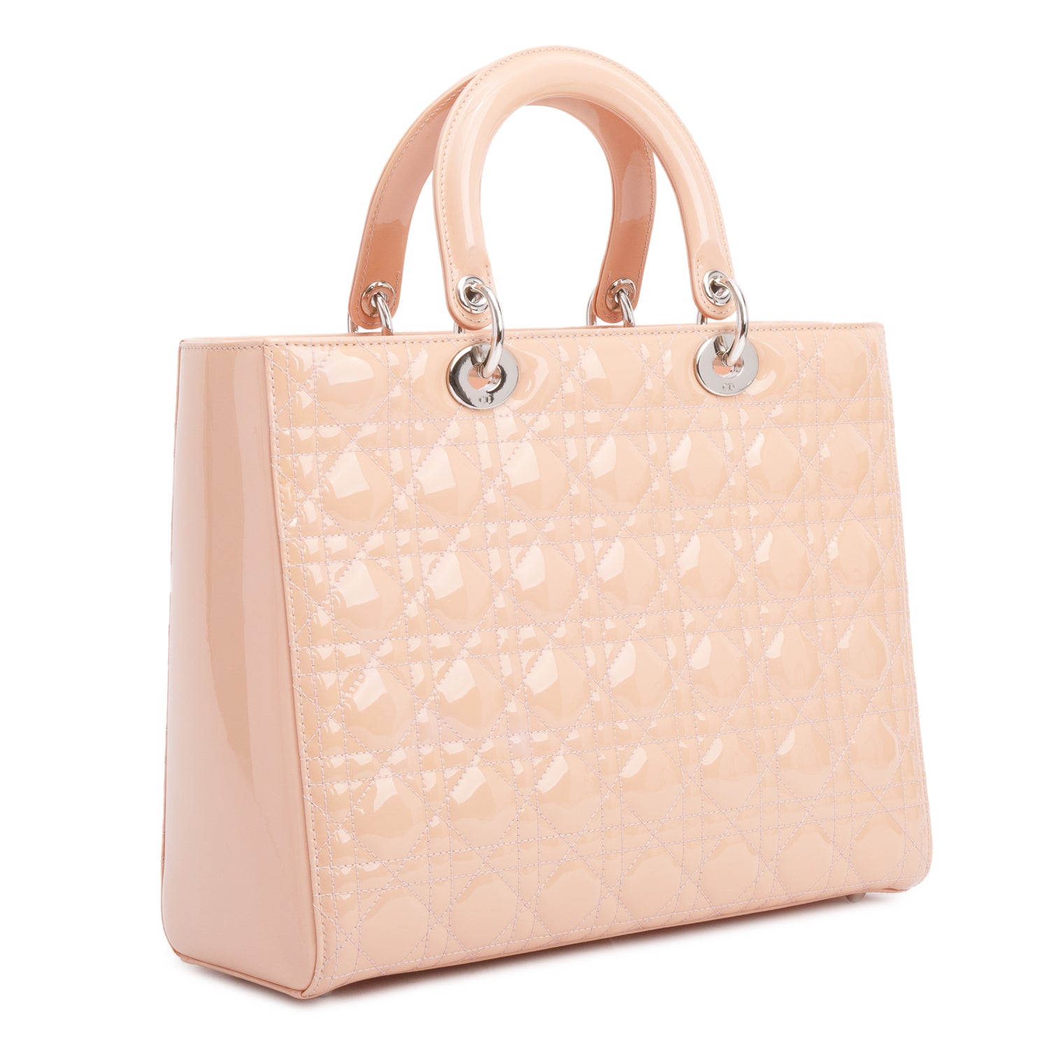 Christian Dior Beige Cannage Patent Leather Large Lady Dior Bag w/ Strap, Box & Authenticity Card