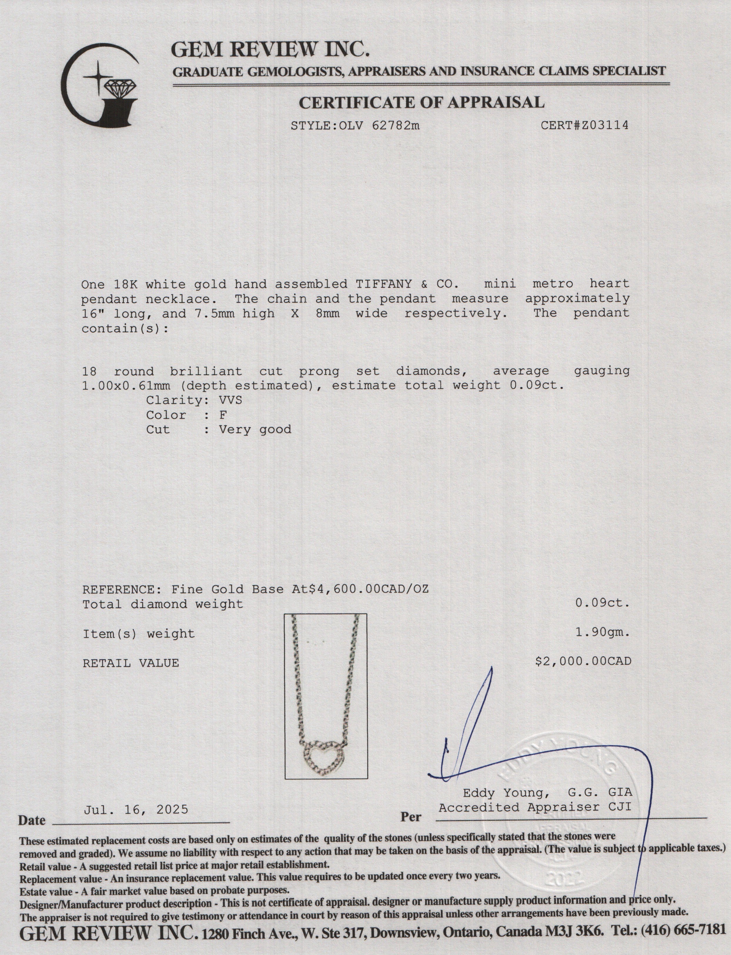 Tiffany & Co. 18k White Gold Diamond Metro Heart Pendant Necklace w/ Box