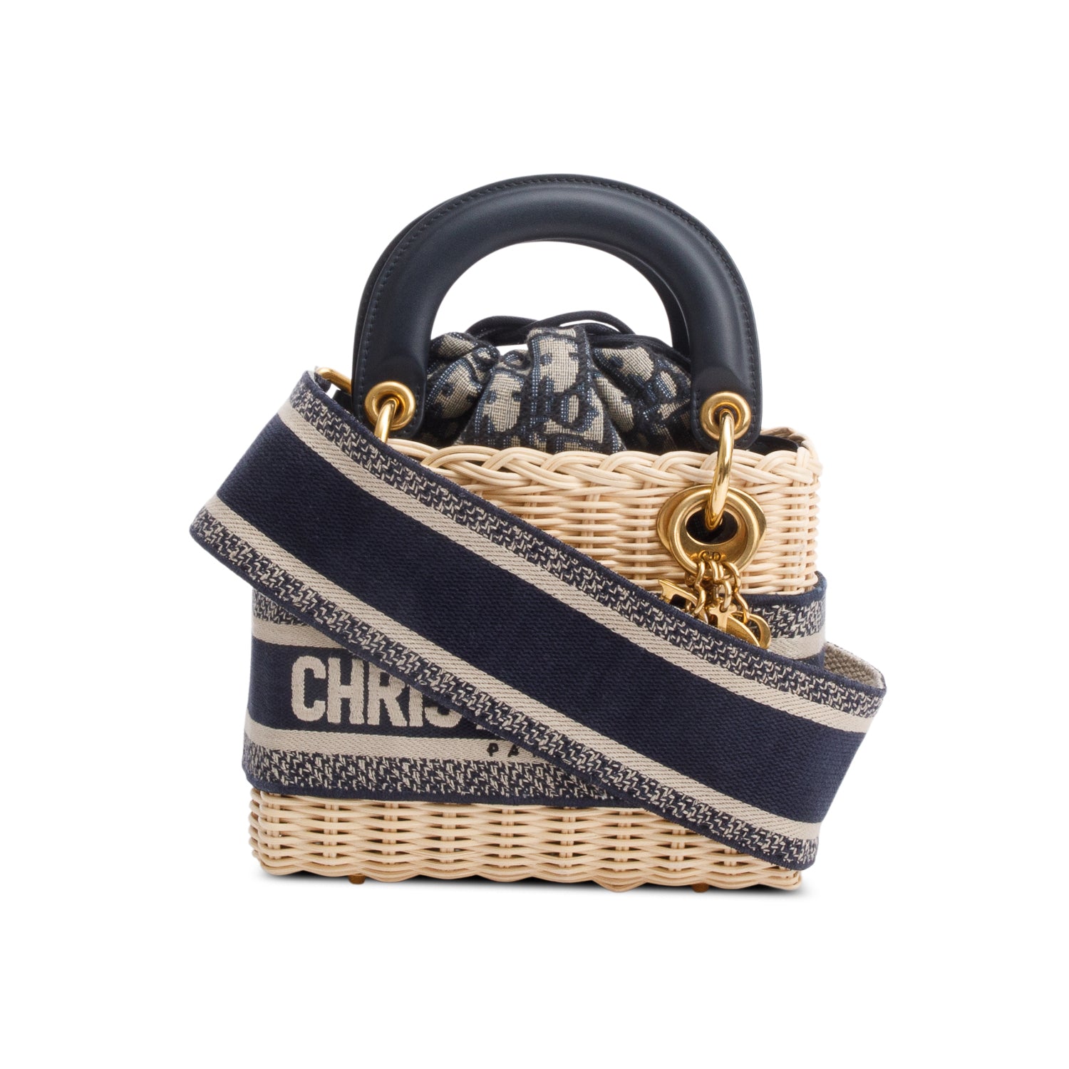 Christian Dior 2022 Wicker Navy Oblique Mini Lady Dior Bag w/ Strap