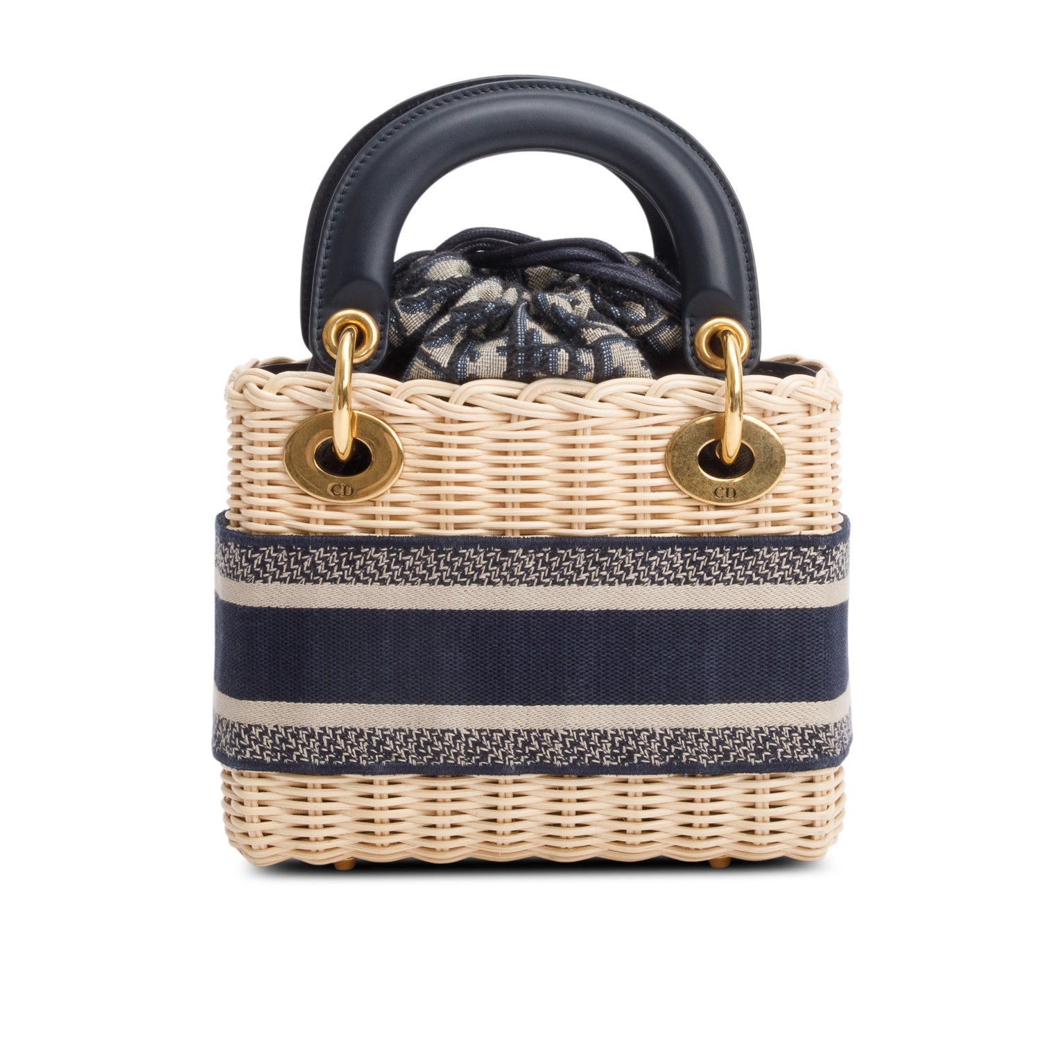 Christian Dior 2022 Wicker Navy Oblique Mini Lady Dior Bag w/ Strap