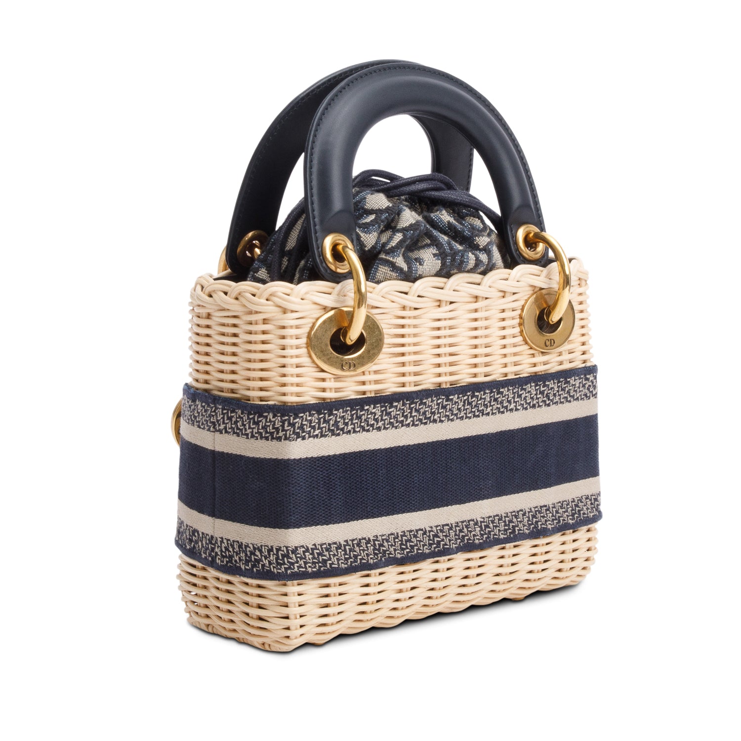 Christian Dior 2022 Wicker Navy Oblique Mini Lady Dior Bag w/ Strap