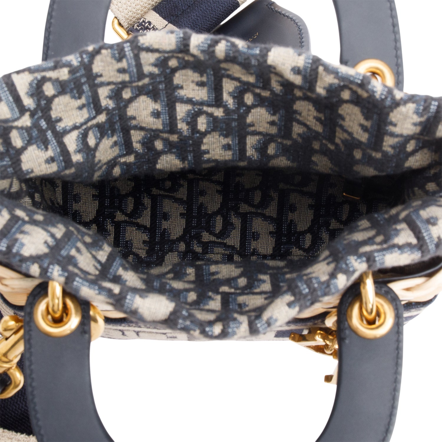 Christian Dior 2022 Wicker Navy Oblique Mini Lady Dior Bag w/ Strap