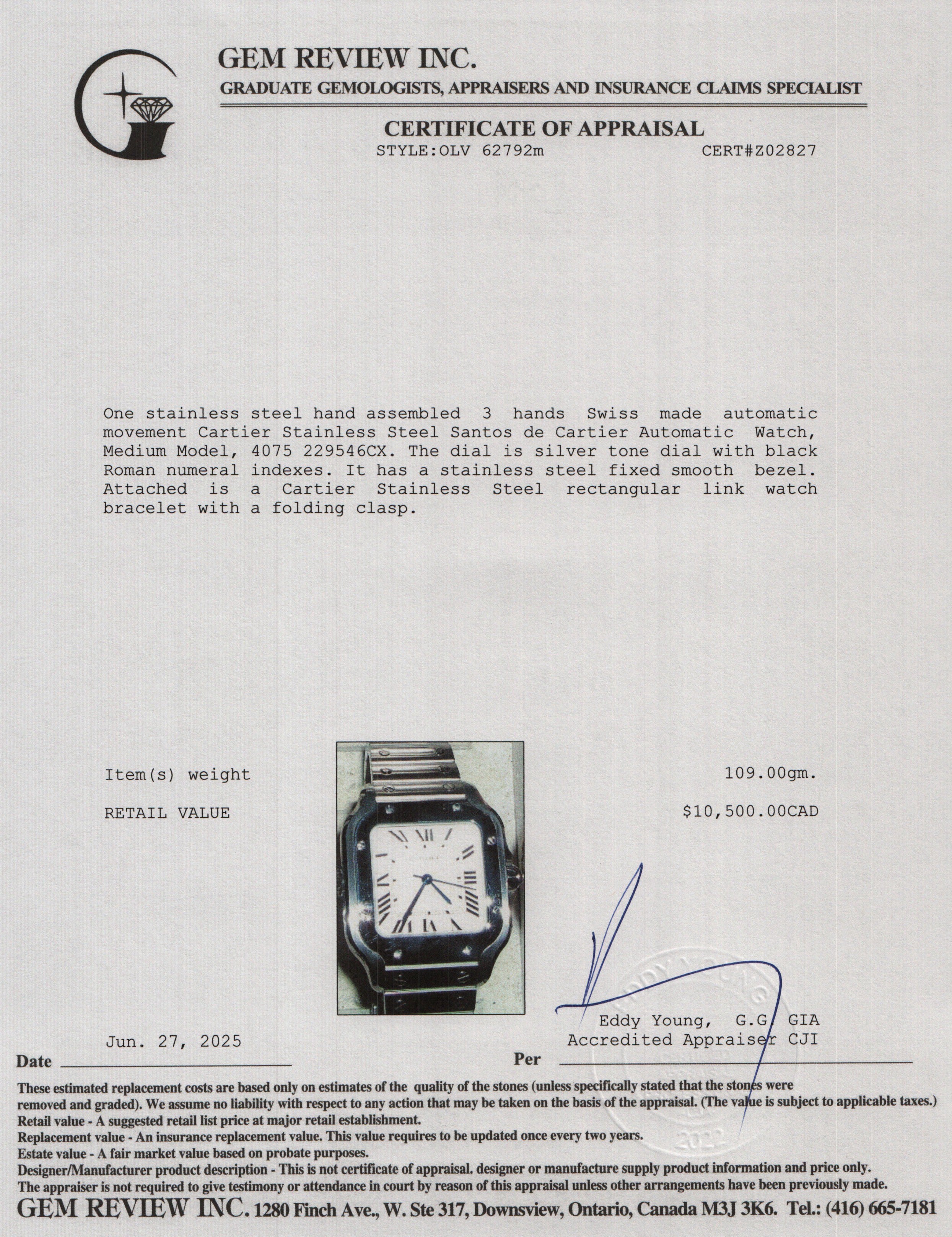 Cartier Stainless Steel Santos de Cartier Automatic Watch, Medium Model 4075 w/ Box, Papers & Extra Strap