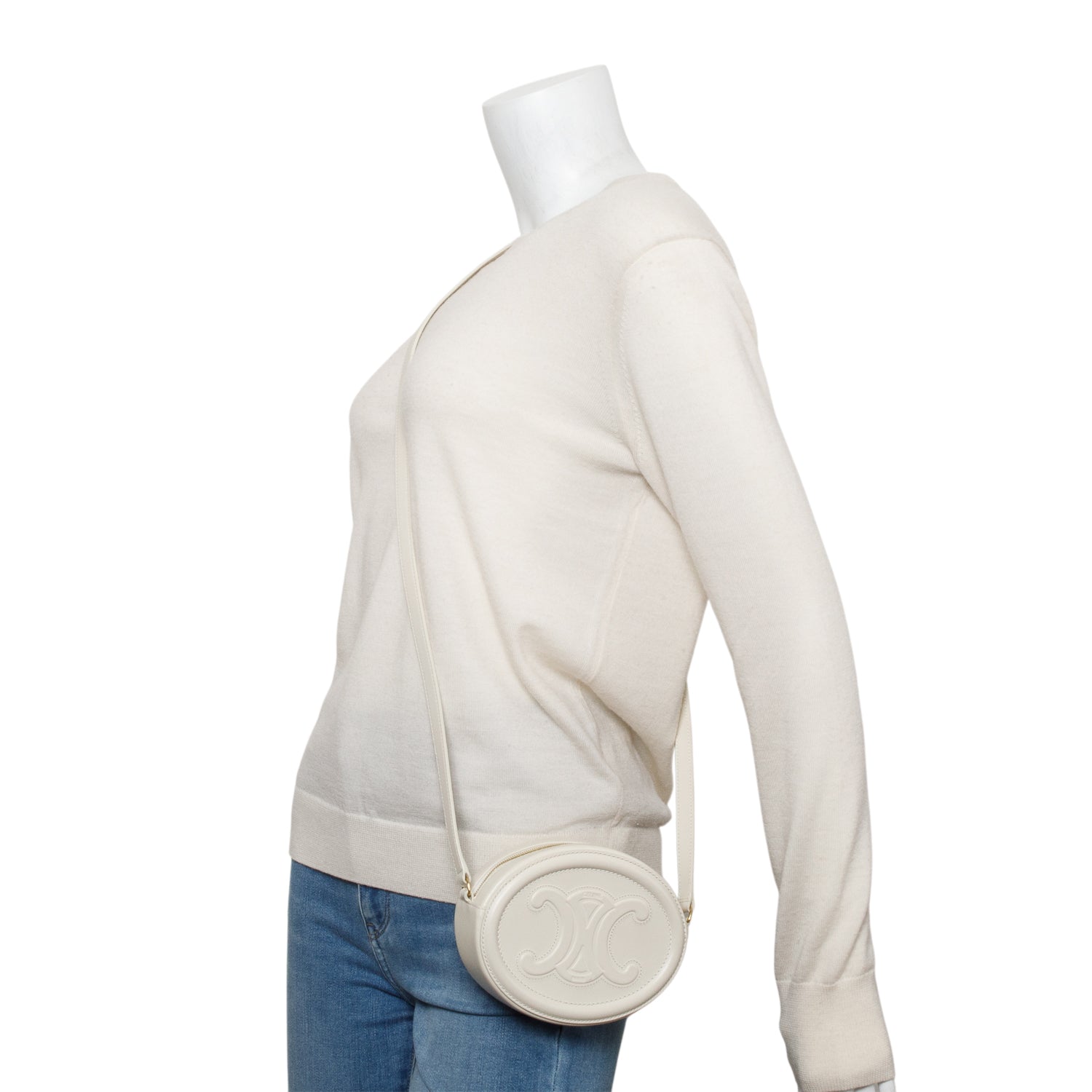 Celine 2021 White Smooth Calfskin Leather Mini Cuir Triomphe Oval Crossbody Bag