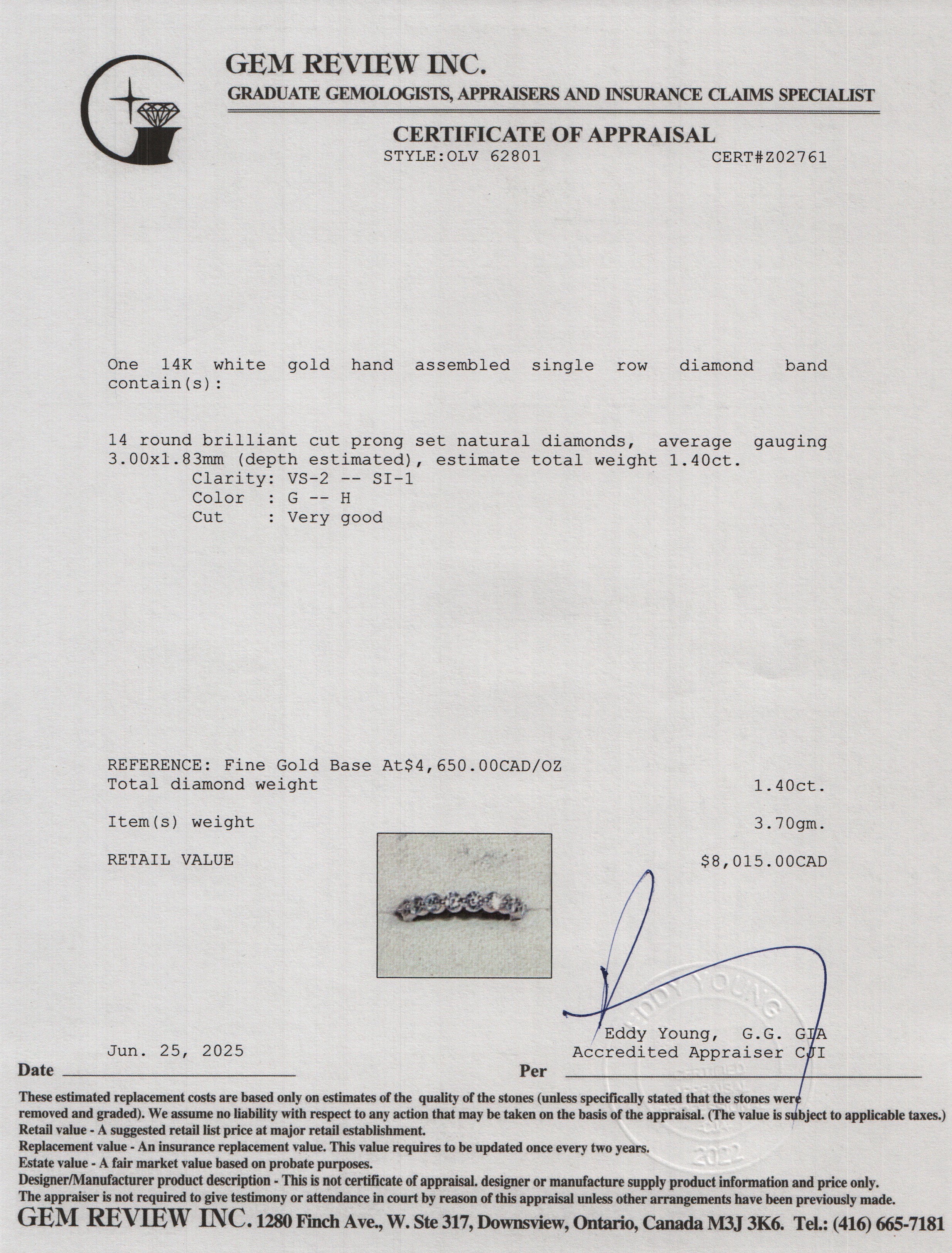 14k White Gold Diamond Band Ring, Size 7