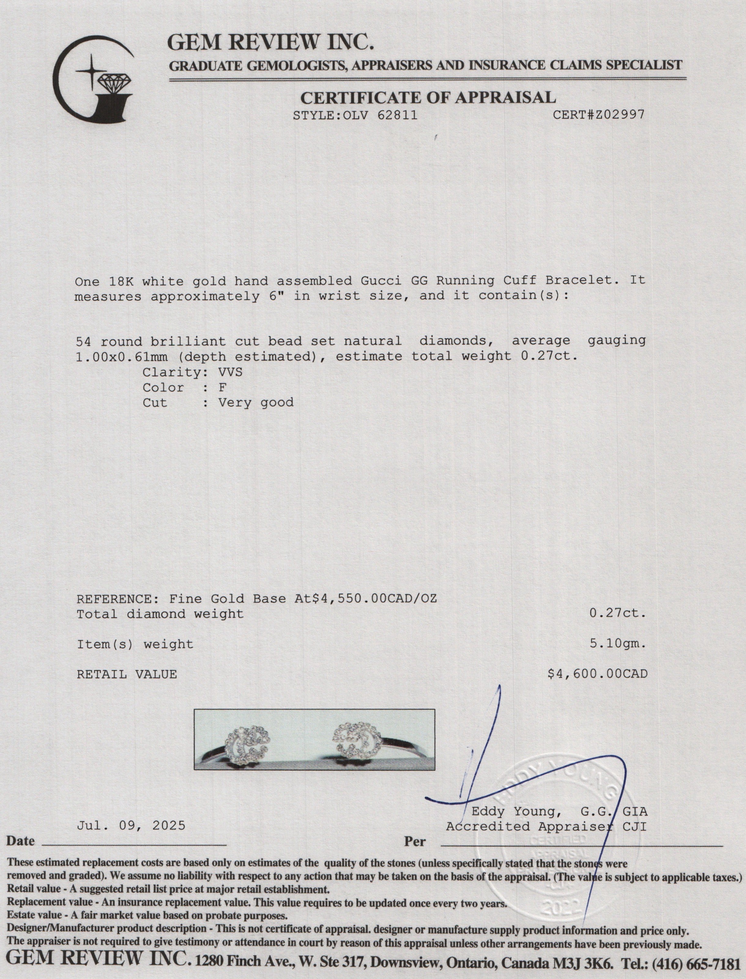 Gucci 18k White Gold Diamond GG Running Cuff Bracelet