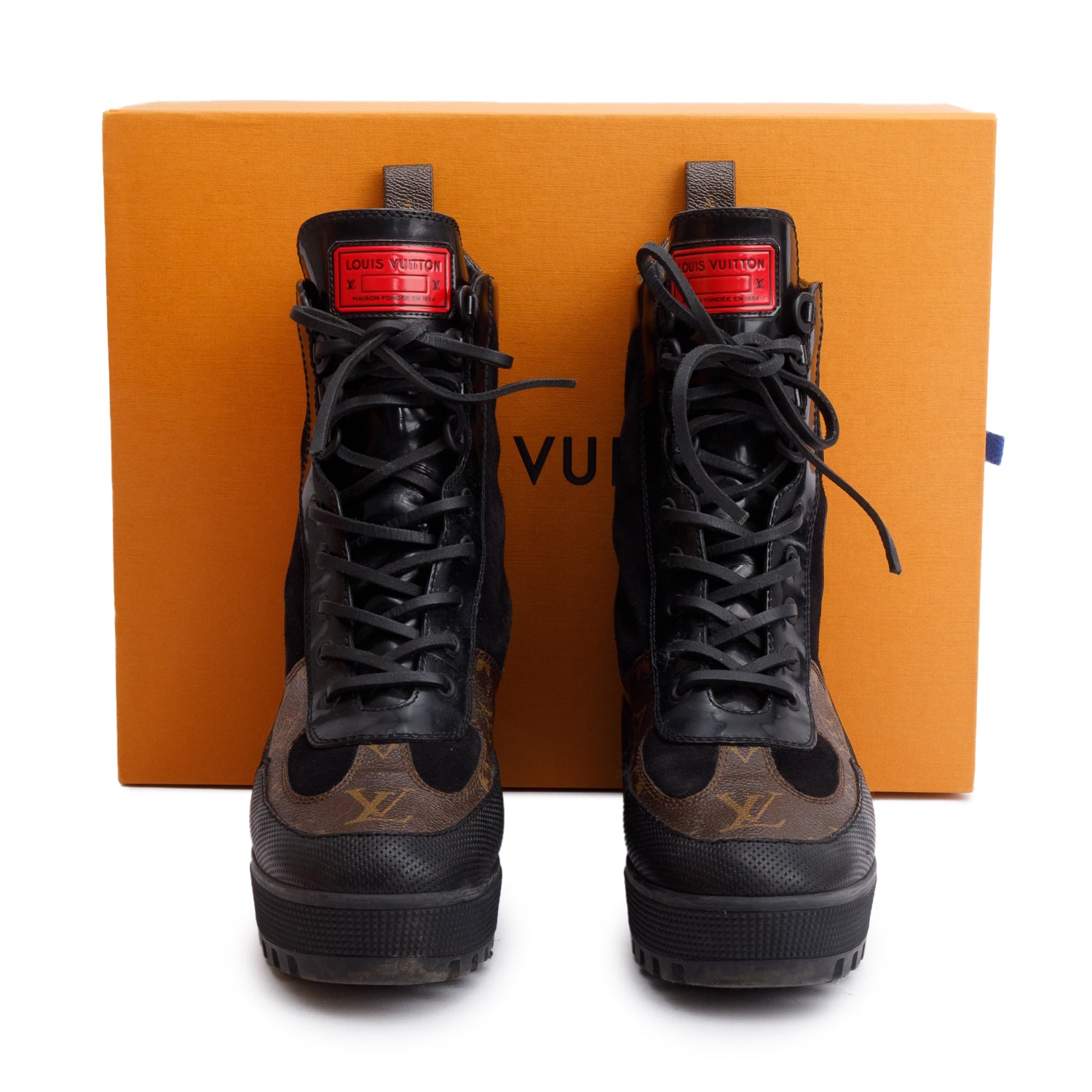 Louis Vuitton Monogram Black Suede Patent Leather World Tour Combat Boots, Size 39 w/ Box & Receipt