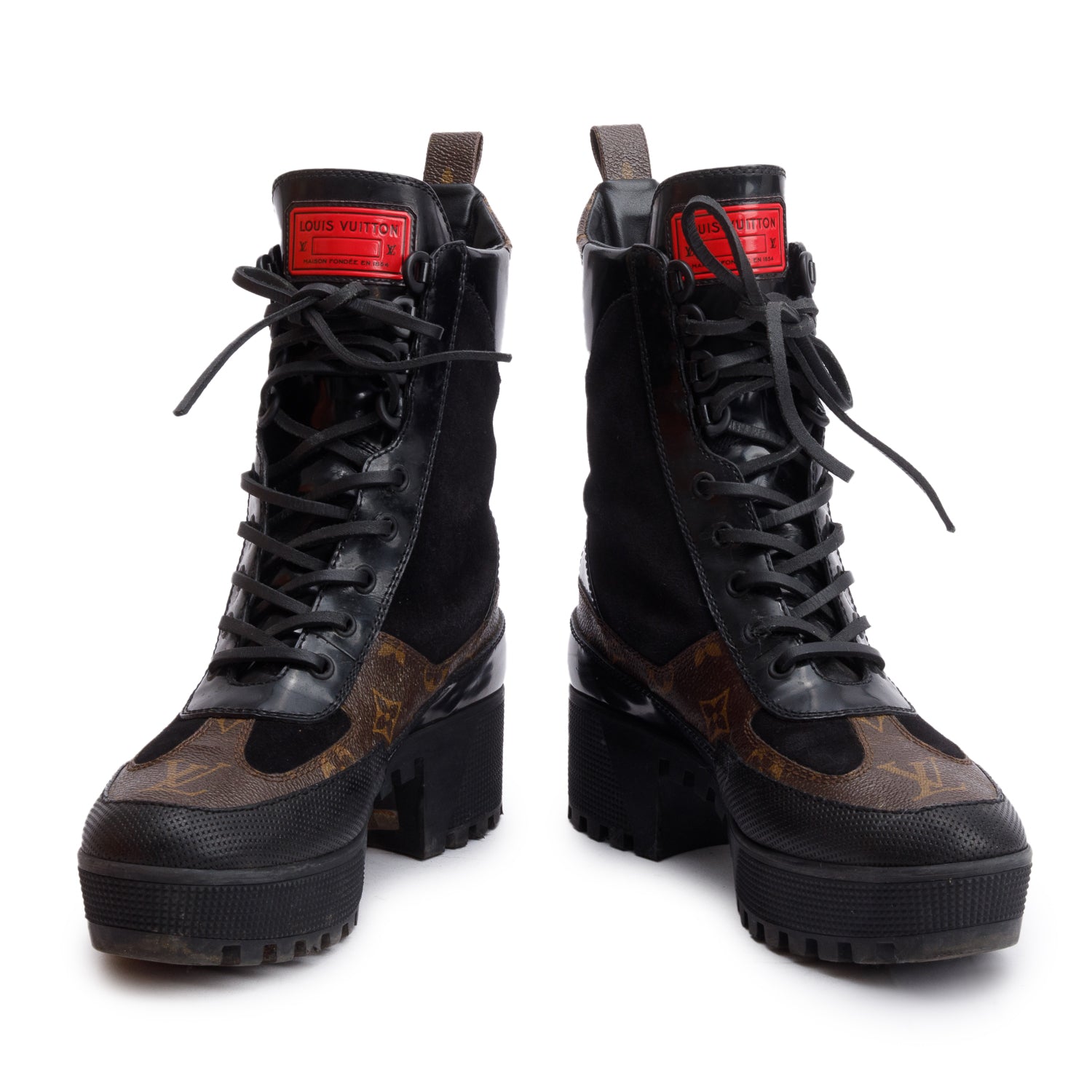 Louis Vuitton Monogram Black Suede Patent Leather World Tour Combat Boots, Size 39 w/ Box & Receipt