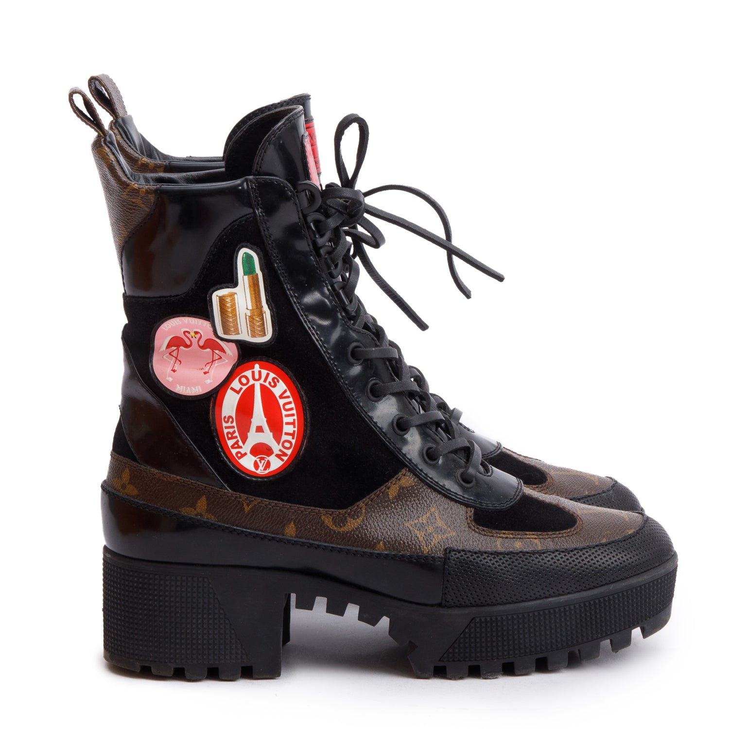 Louis Vuitton Monogram Black Suede Patent Leather World Tour Combat Boots, Size 39 w/ Box & Receipt