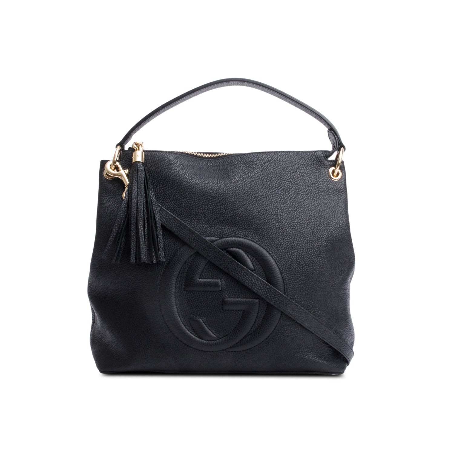 Gucci Black Pebbled Calfskin Leather Large Convertible Soho Hobo Bag w/ Strap