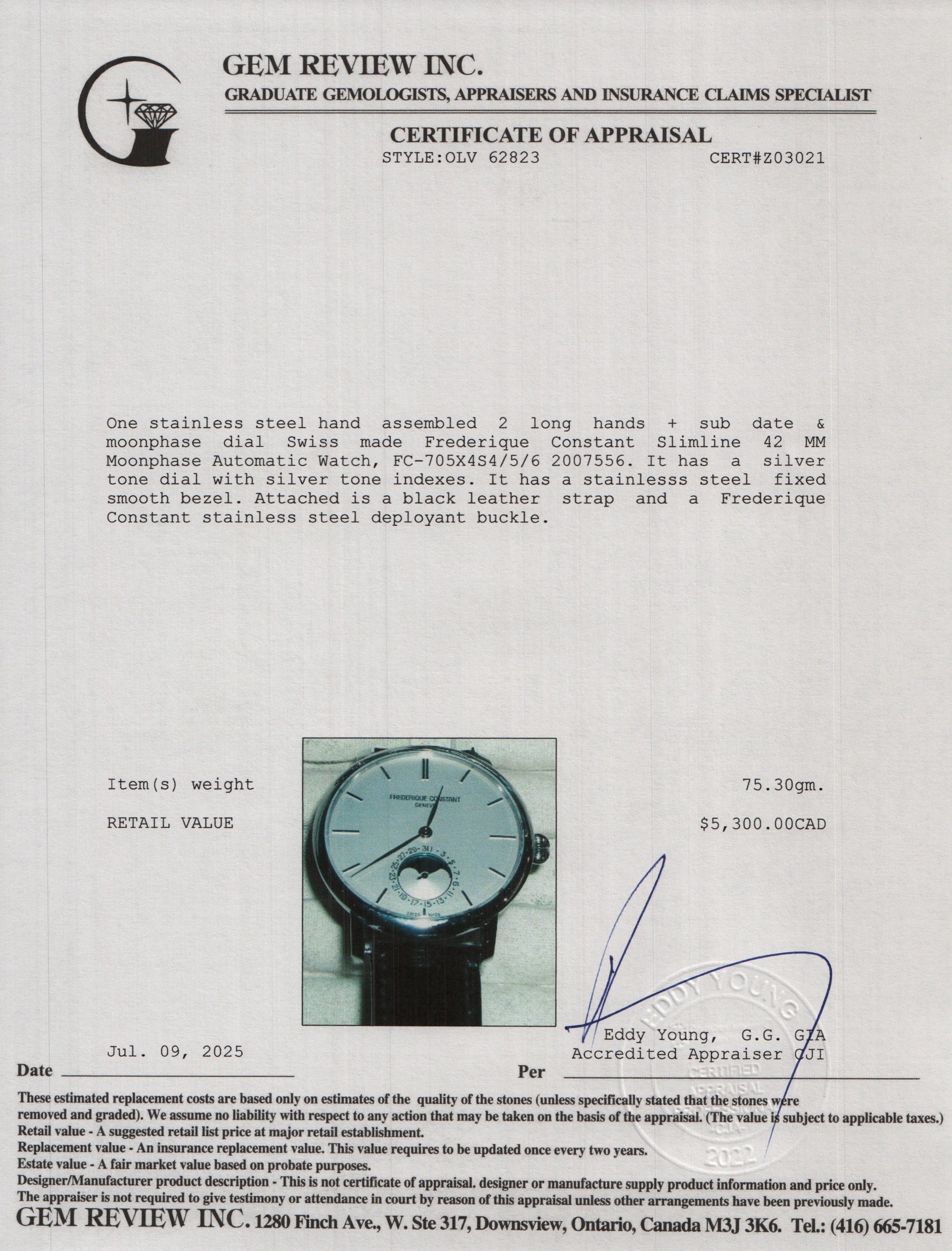 Frederique Constant Stainless Steel Slimline 42 MM Moonphase Automatic Watch w/ Box & Papers