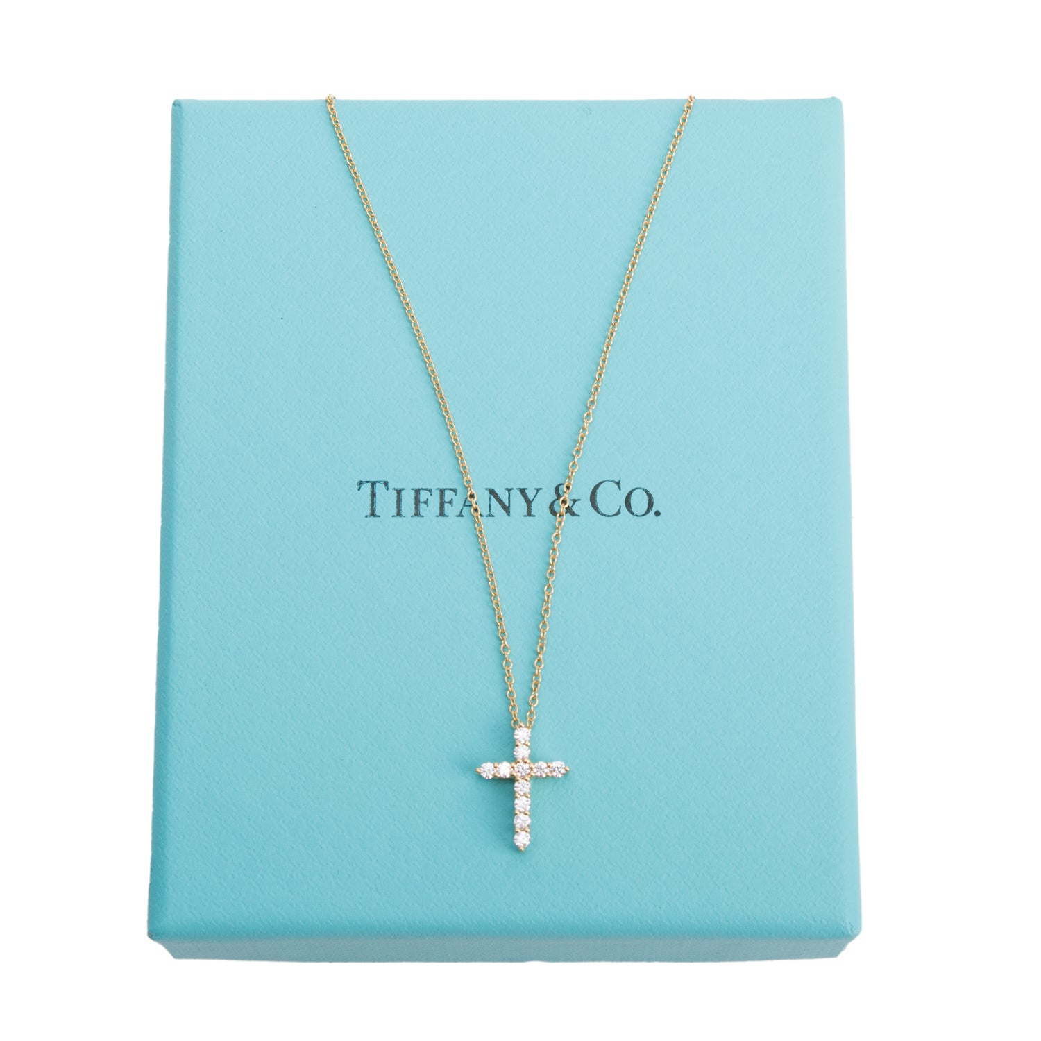 Tiffany & Co. 18k Yellow Gold Diamond Mini Cross Pendant Necklace w/ Box