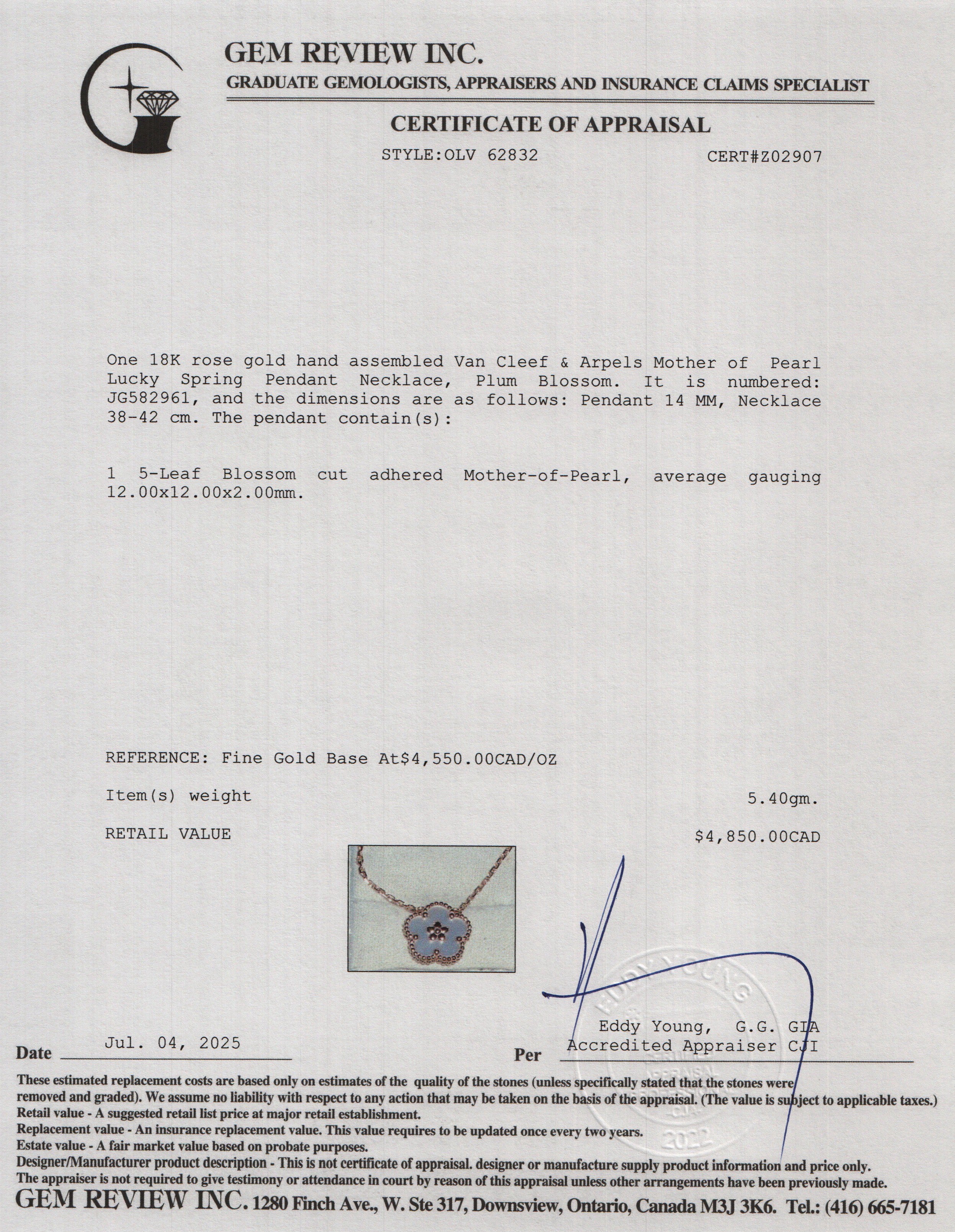 Van Cleef & Arpels 2025 18k Rose Gold Mother of Pearl Lucky Spring Pendant Necklace, Plum Blossom w/ Box, Receipt & Certificate