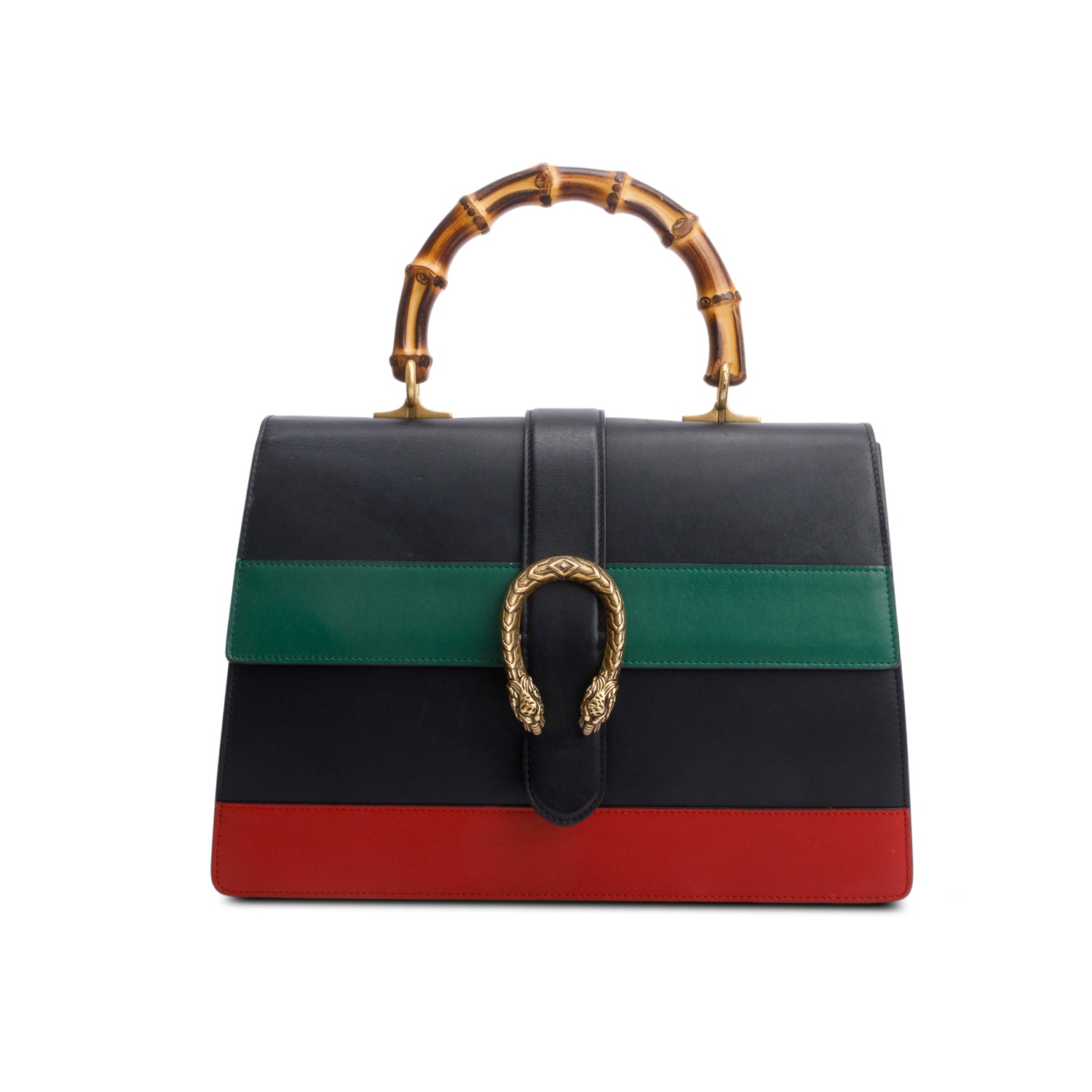 Gucci Black/Red/Green Web Calfskin Leather Large Dionysus Bamboo Top Handle Bag w/ Strap & Box