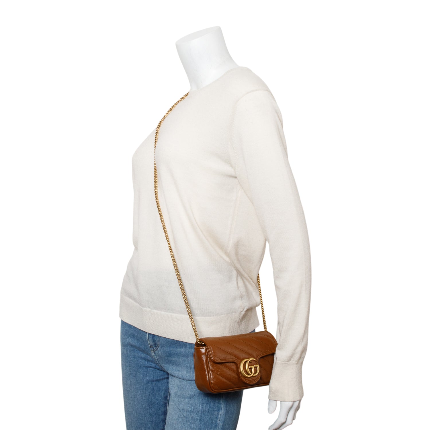 Gucci Brown GG Marmont Matelasse Leather Super Mini Bag w/ Box