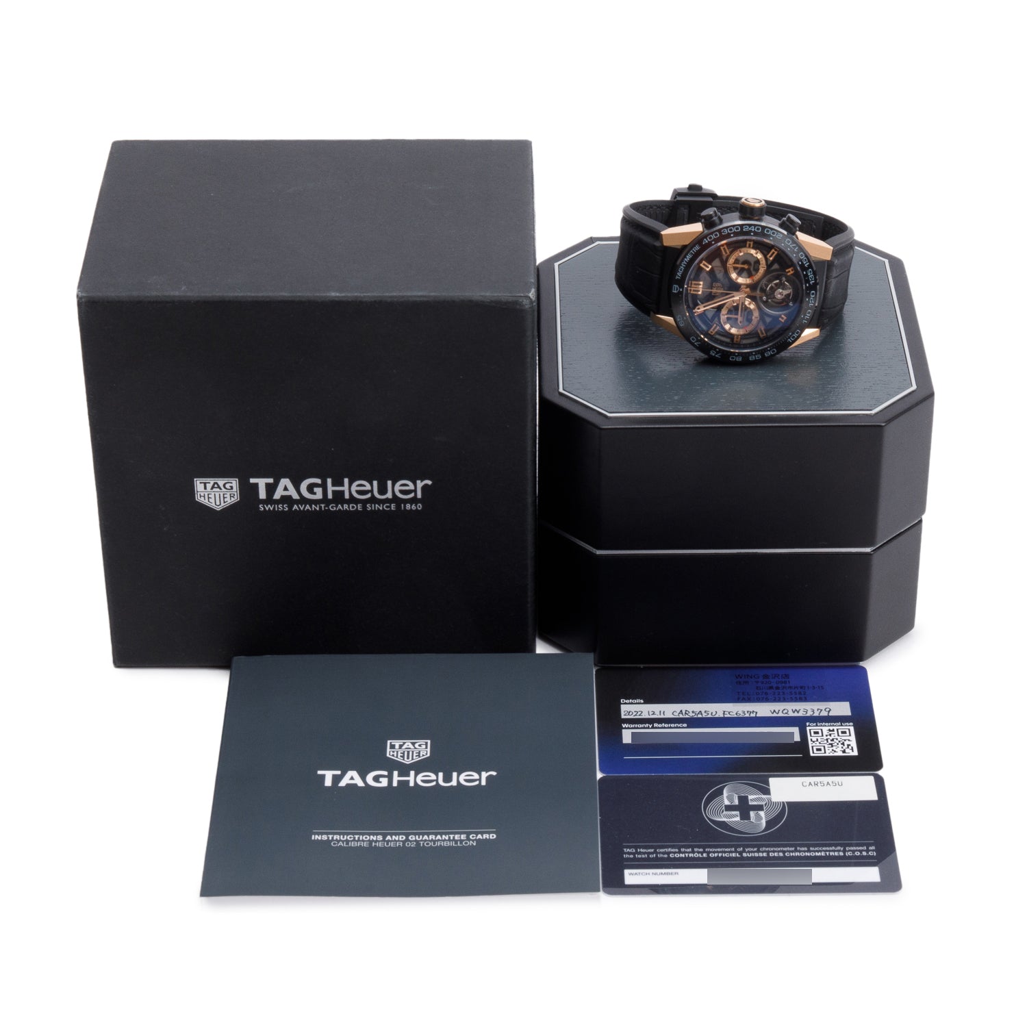 Tag Heuer 18k Rose Gold, Black Titanium & Ceramic Carrera 45 MM Automatic Chronograph Tourbillon Watch CAR5A5U w/ Box & Papers